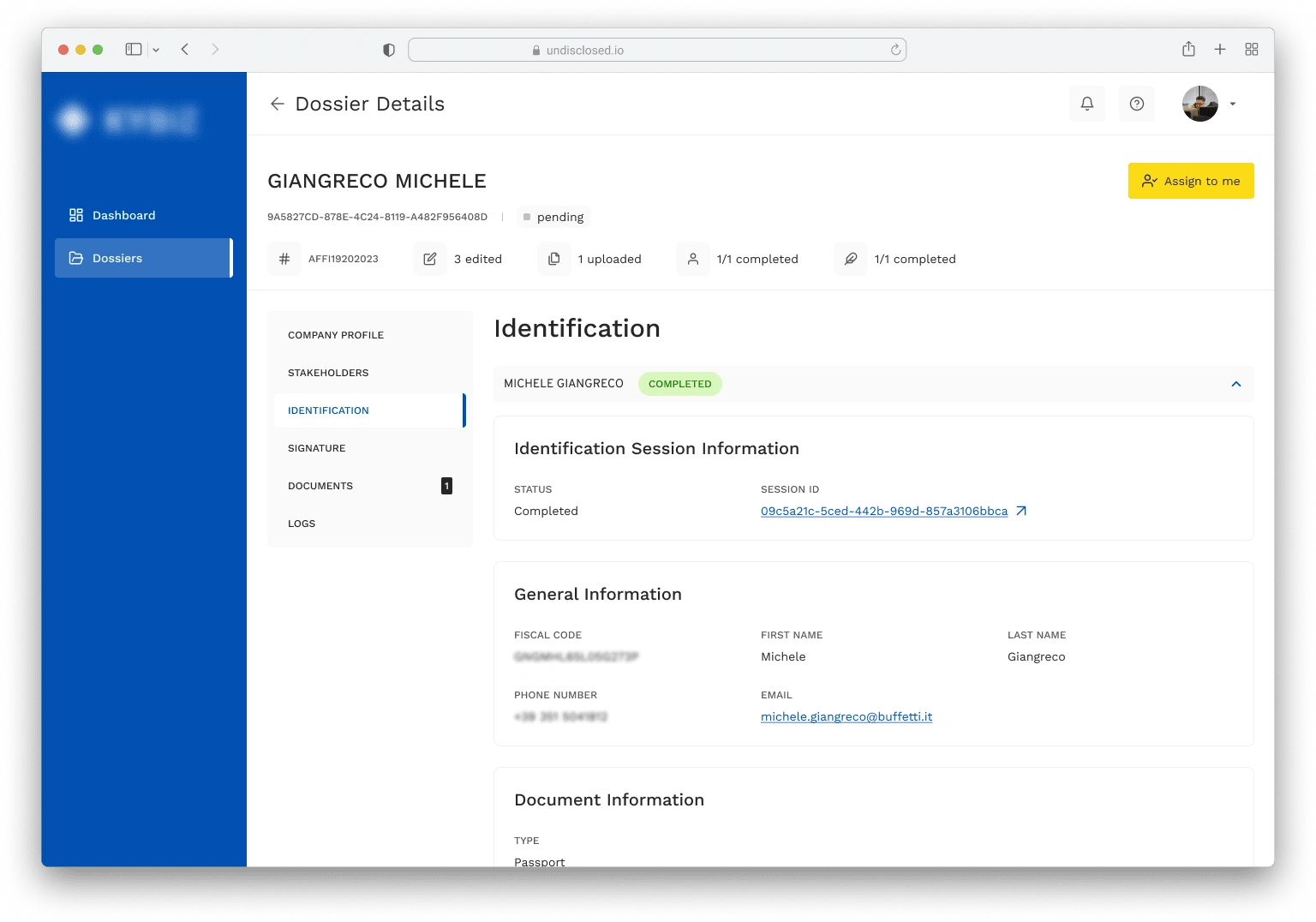 Image 3: Details of the Identification check for the selected stakeholder of the company.