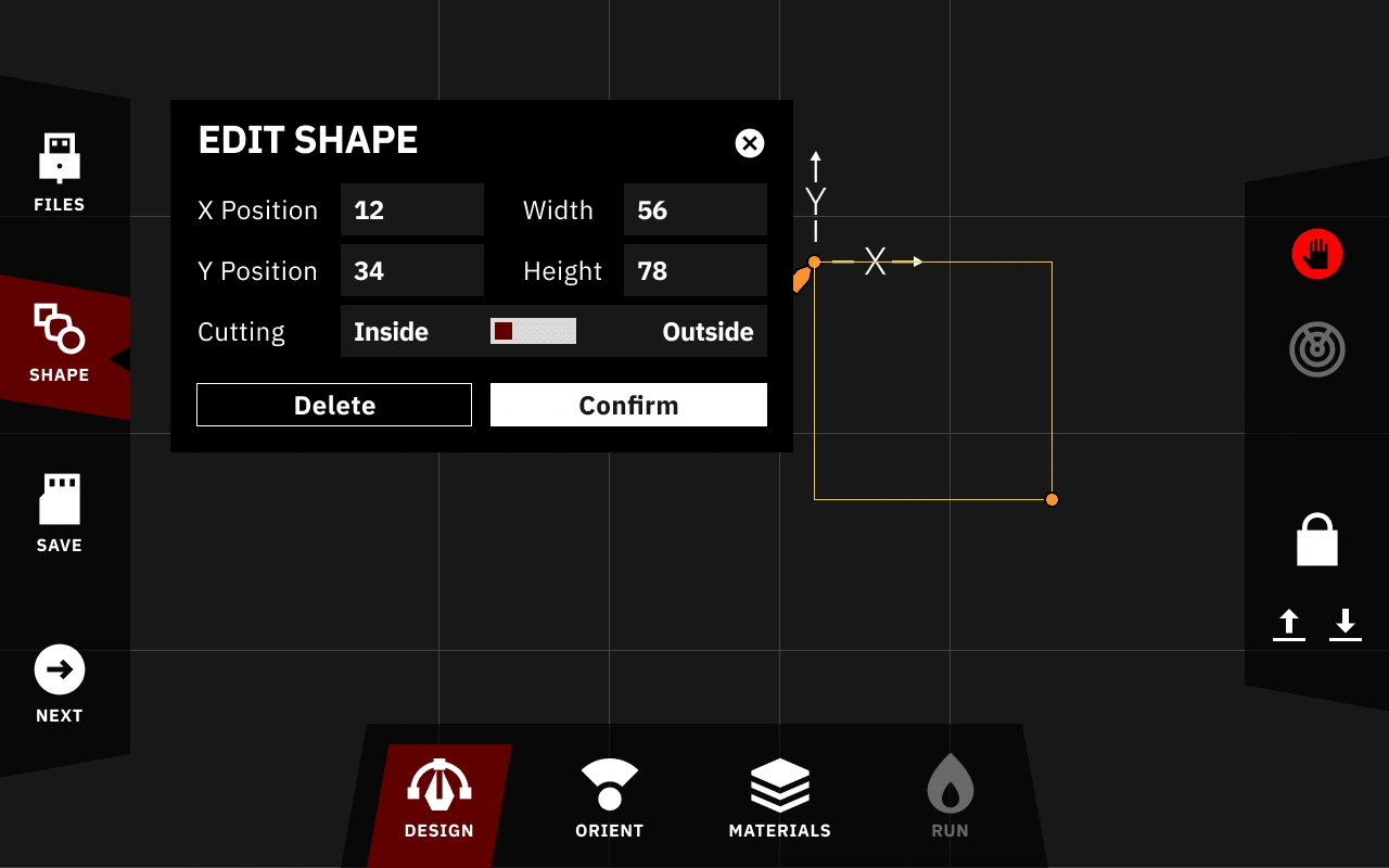 Creating and editing shapes before a cut