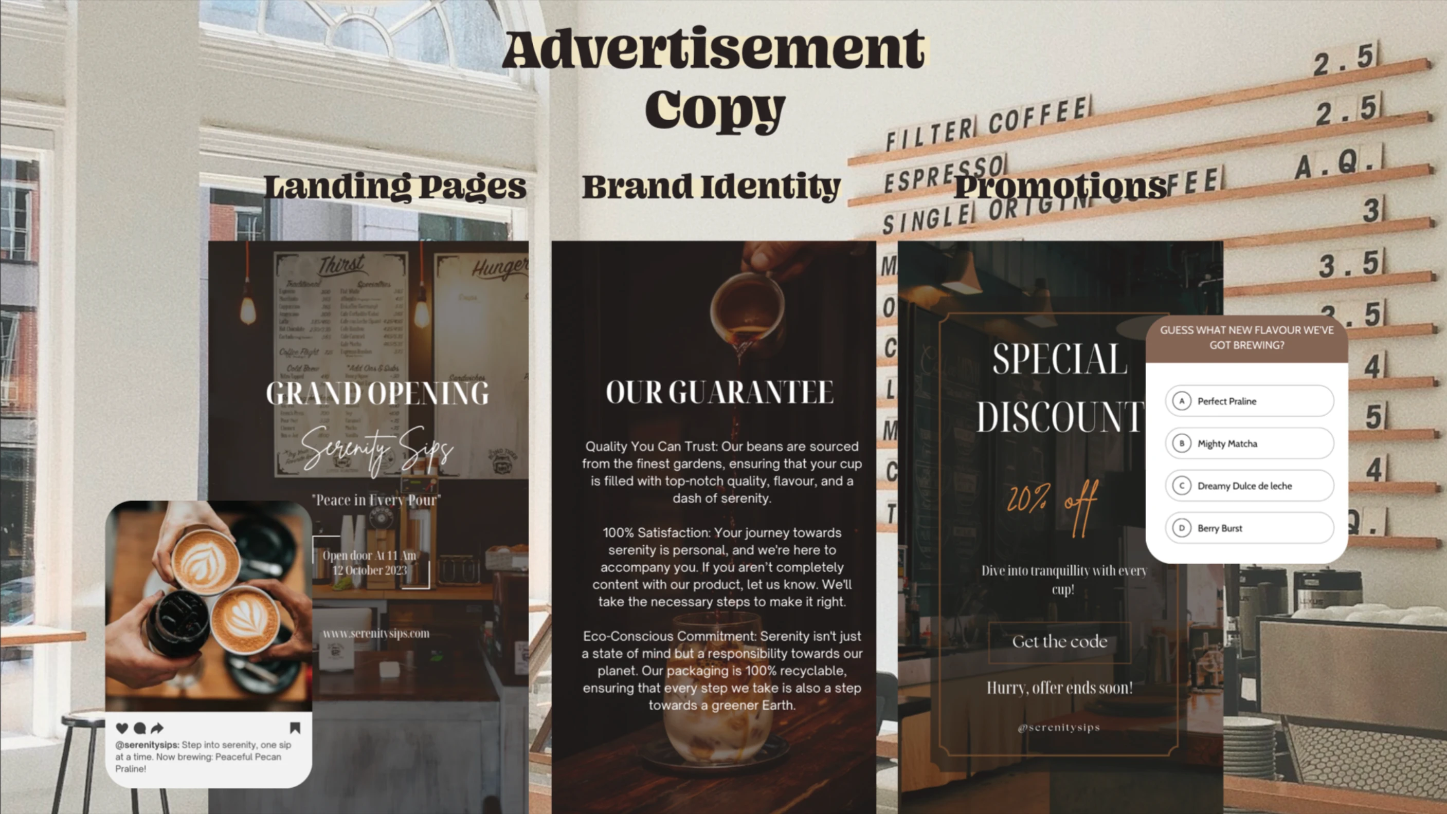 A social media 'Advertisement Copy' package for a local coffee shop designed to generate sales. 