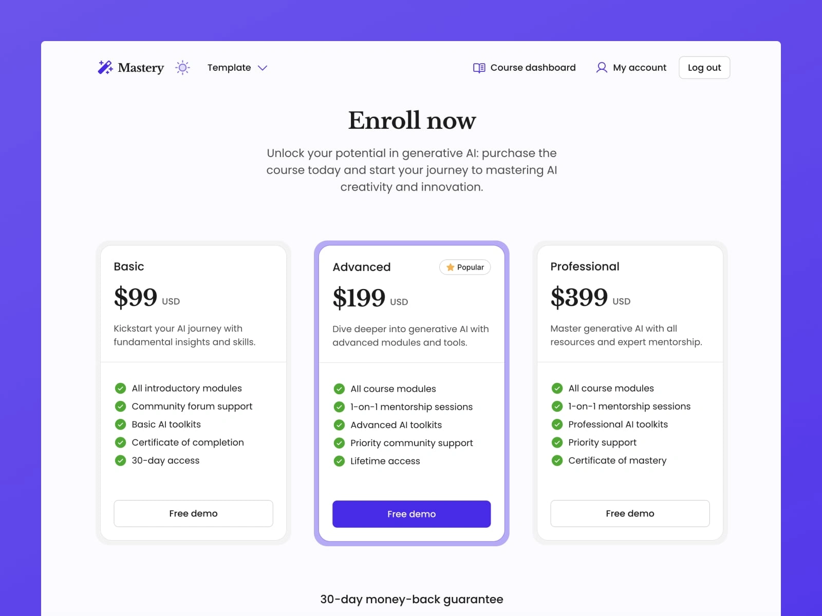 Homepage – pricing section