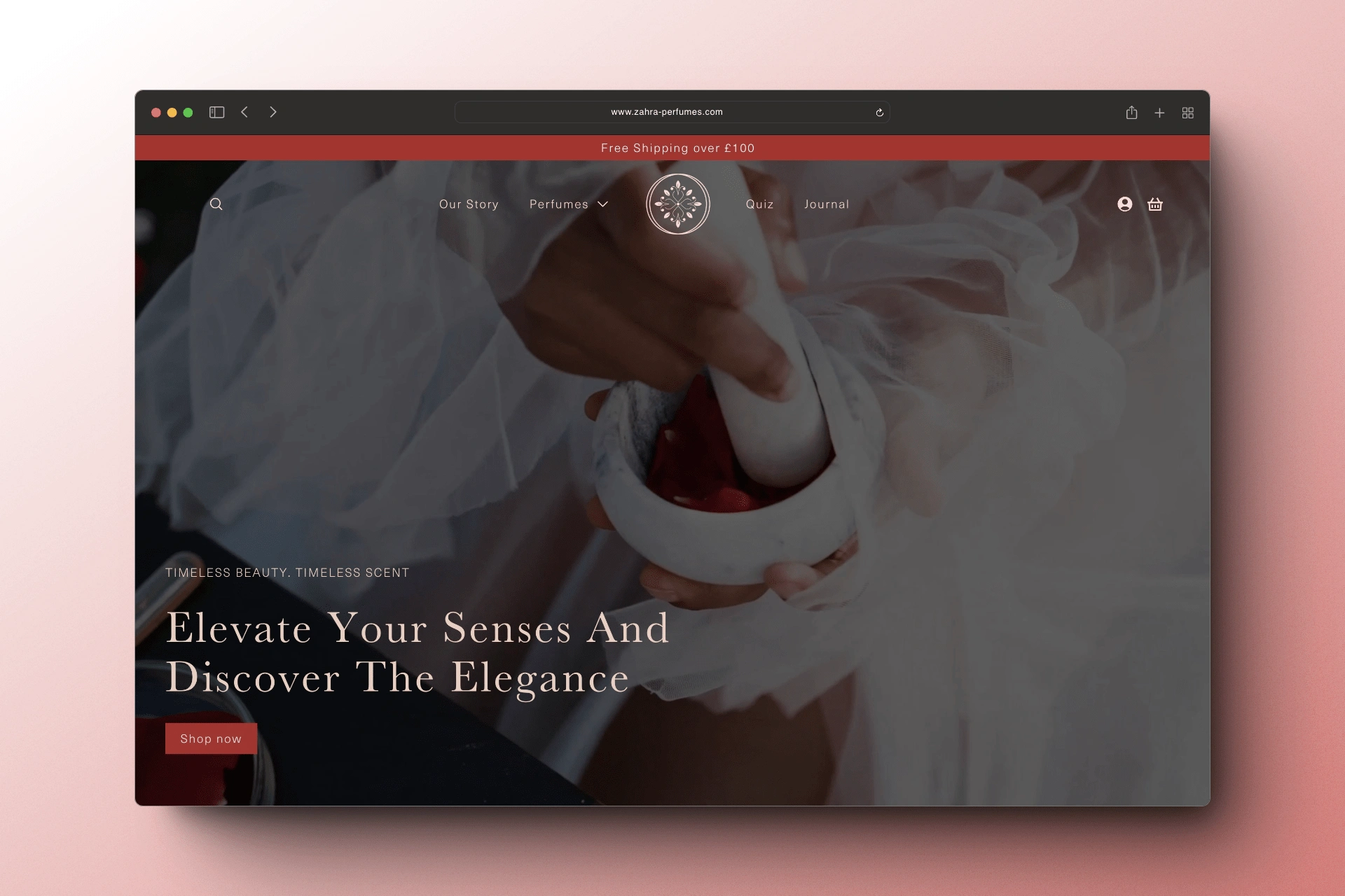 Image capture of the front homepage for Zahra perfumes