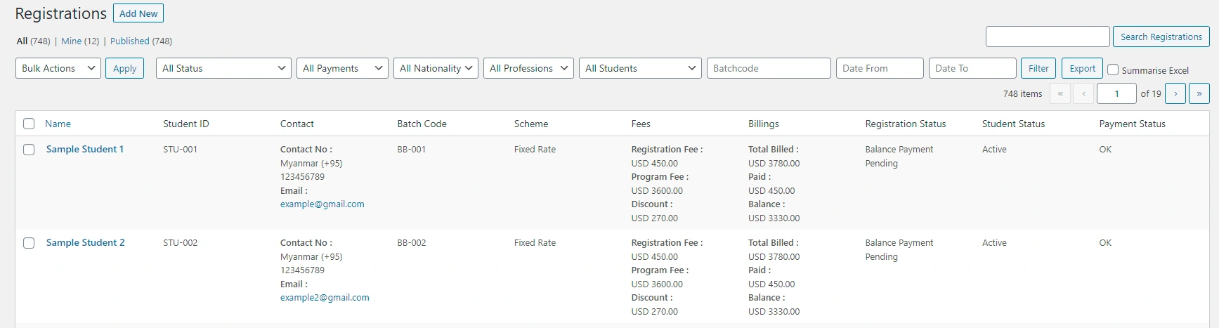 Admin's dashboard listing registered students