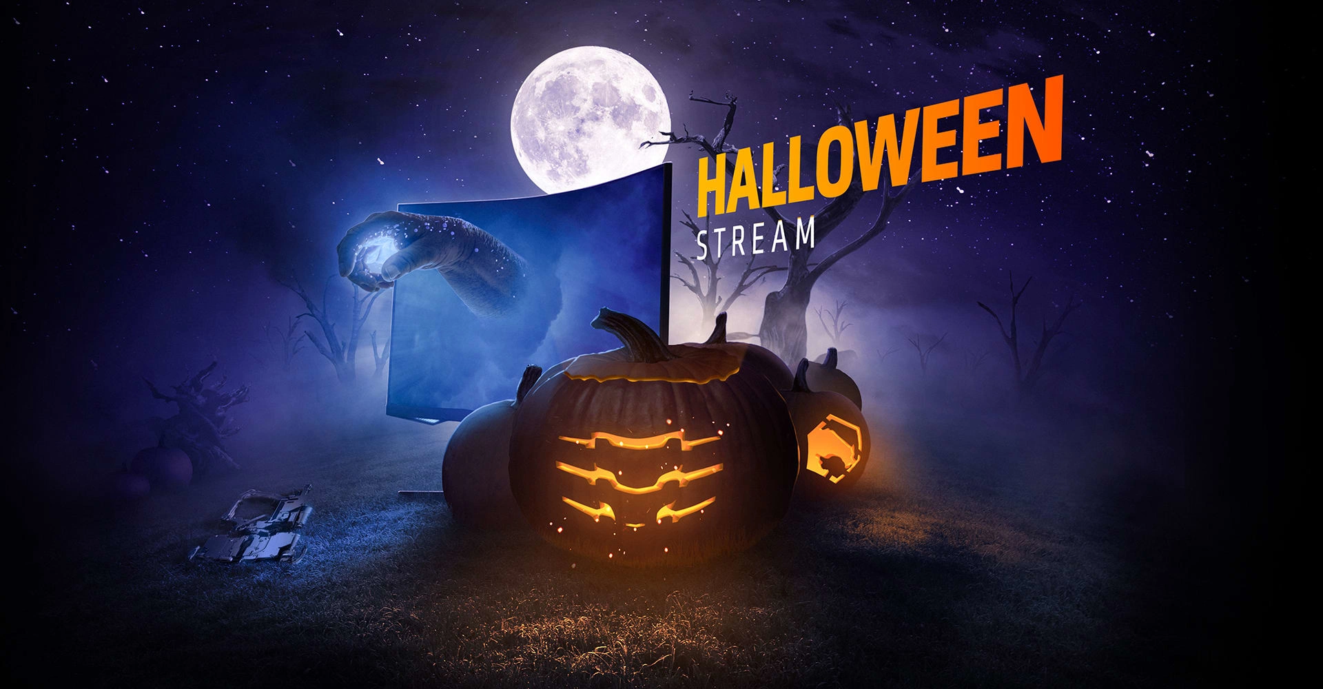 Special Halloween stream on Twitch, social promotion and background.