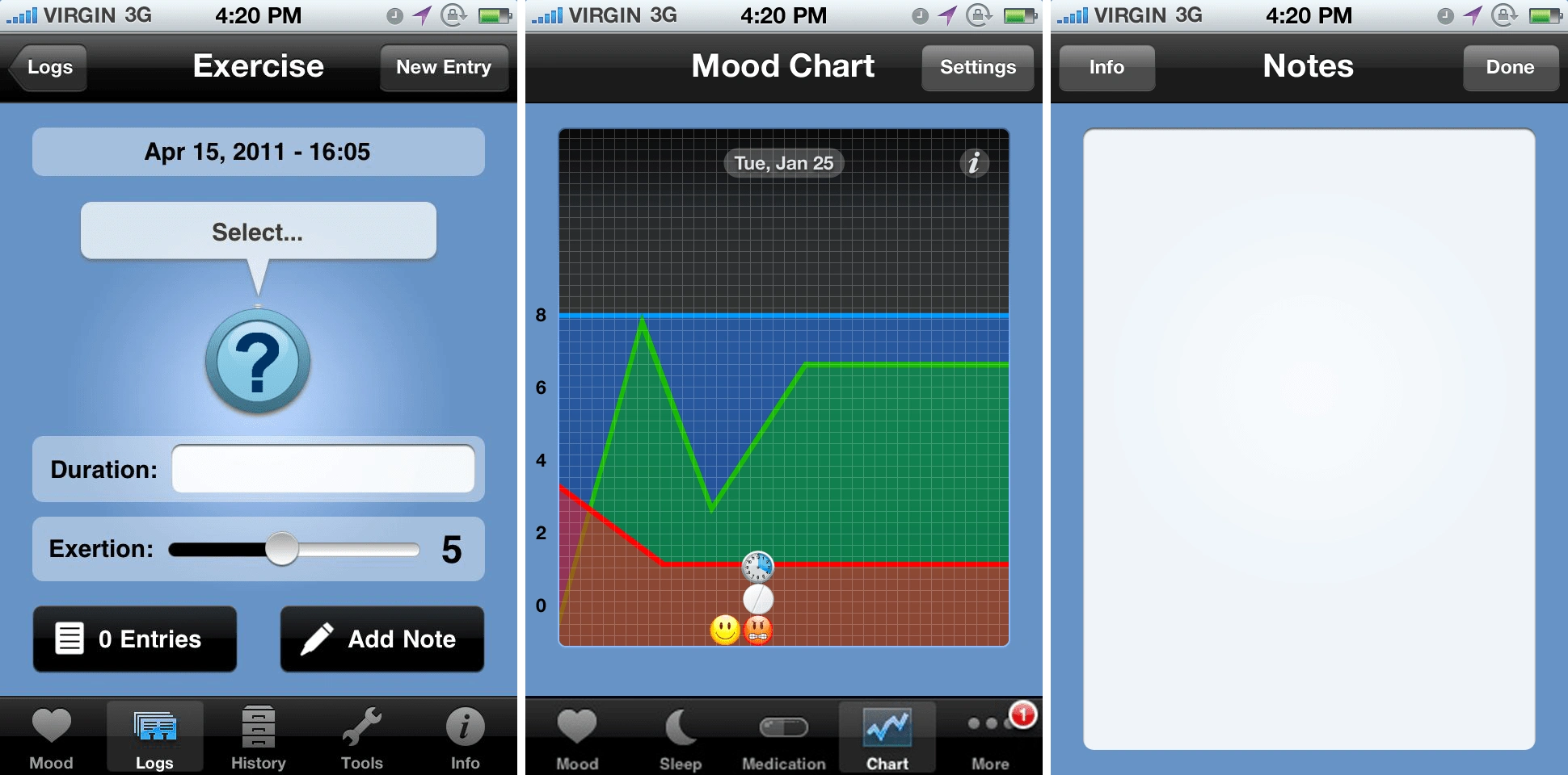 Exercise, Mood Chart, and Notes Screens (Sad Theme)