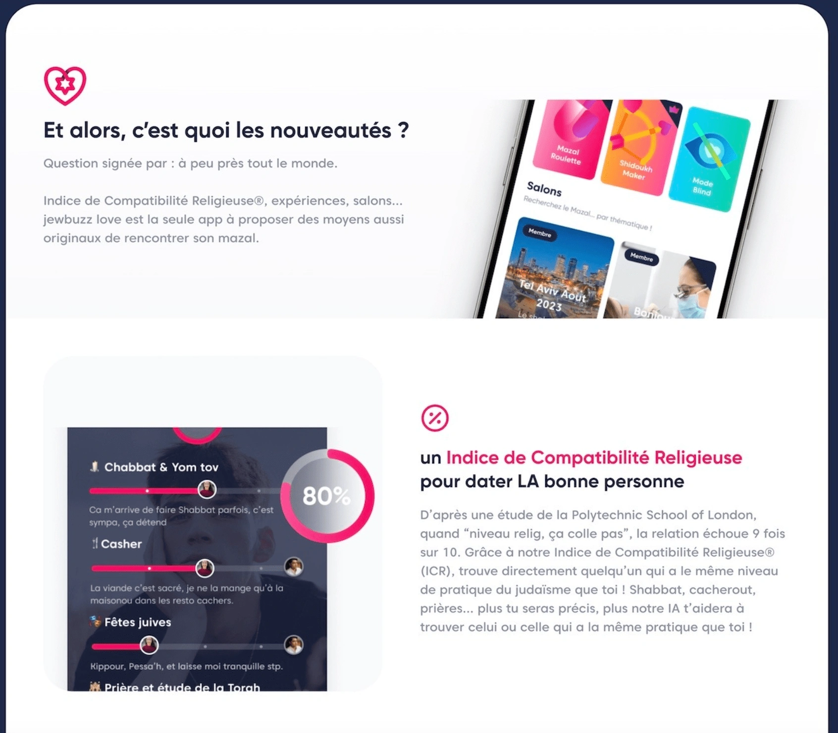 One of the standout features of the app is its integrated AI module, which uses the Religious Compatibility Index® (ICR) to match users based on their level of Jewish practice. 