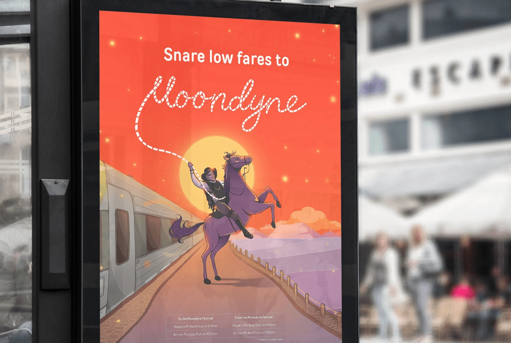 I illustrated and animated a campaign to promote the Moondyne Joe Festival. The printed ads were shown on trains as well as OOH displays.