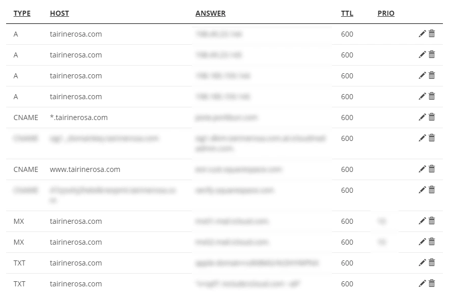 DNS | Custom domain and email setup. Details blurred for confidentiality.