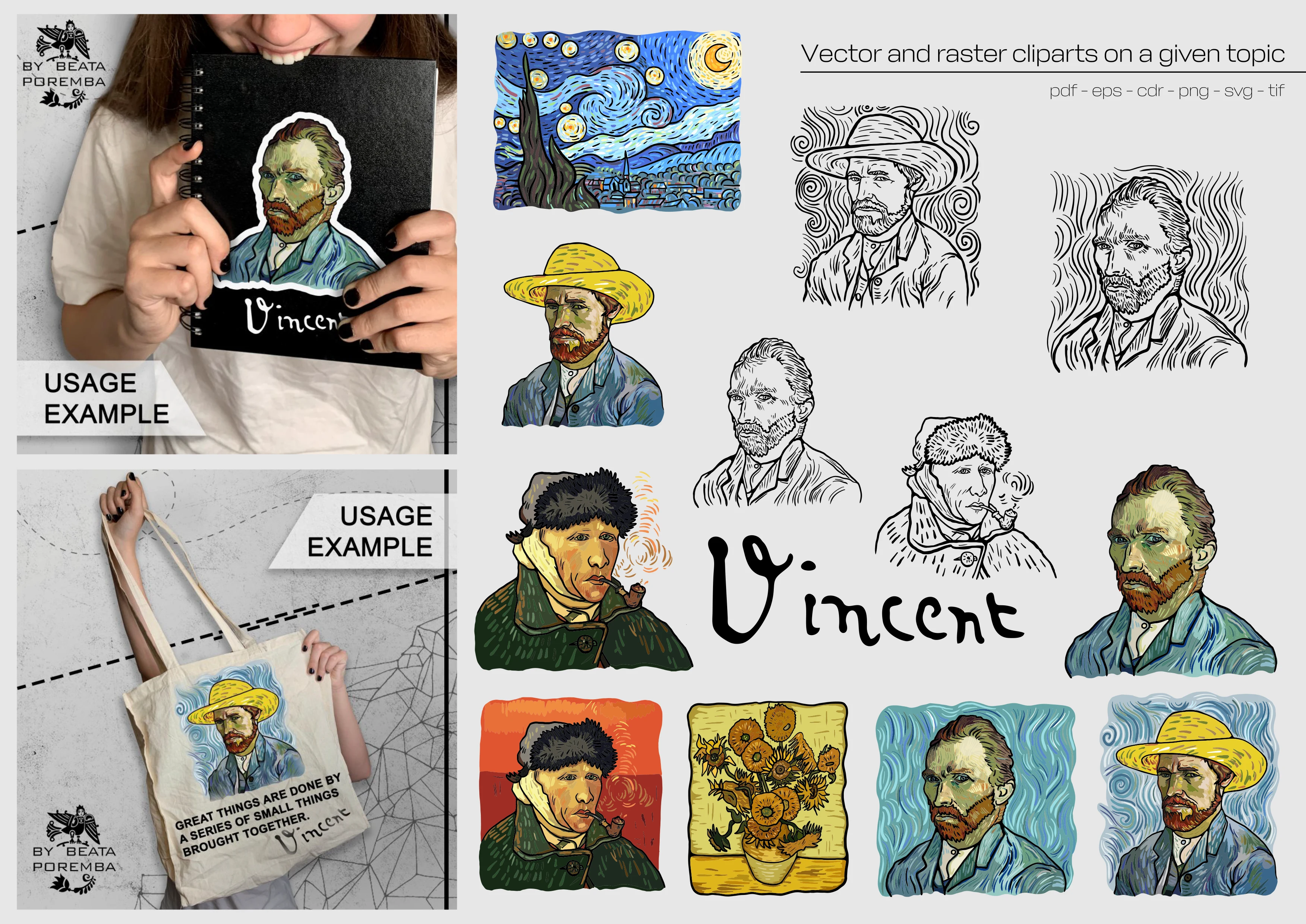 Merch design. Apparel. Vincent van Gogh. Creating illustrations and examples of how to use.