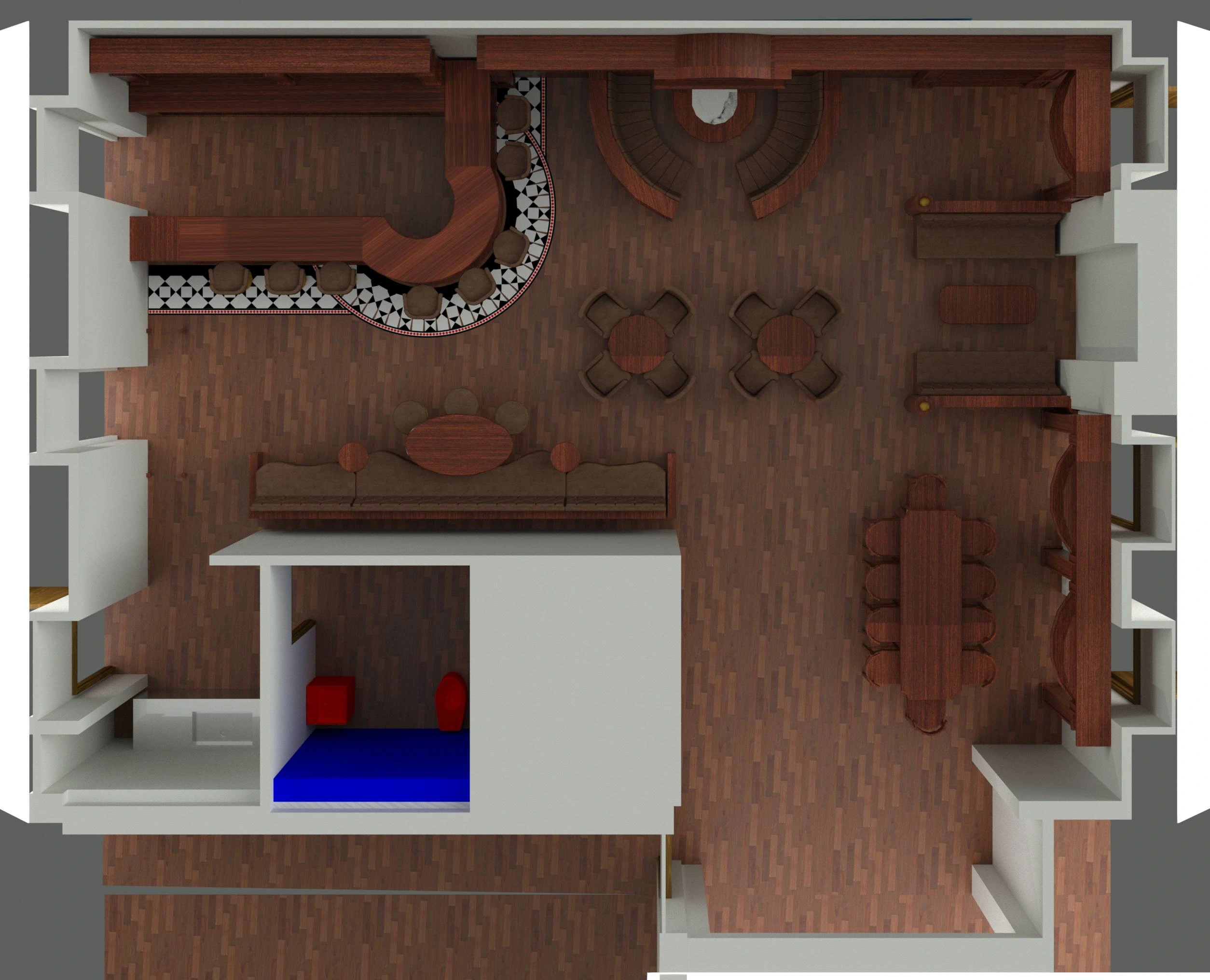 Colorized Plan view showcasing the furniture distribution