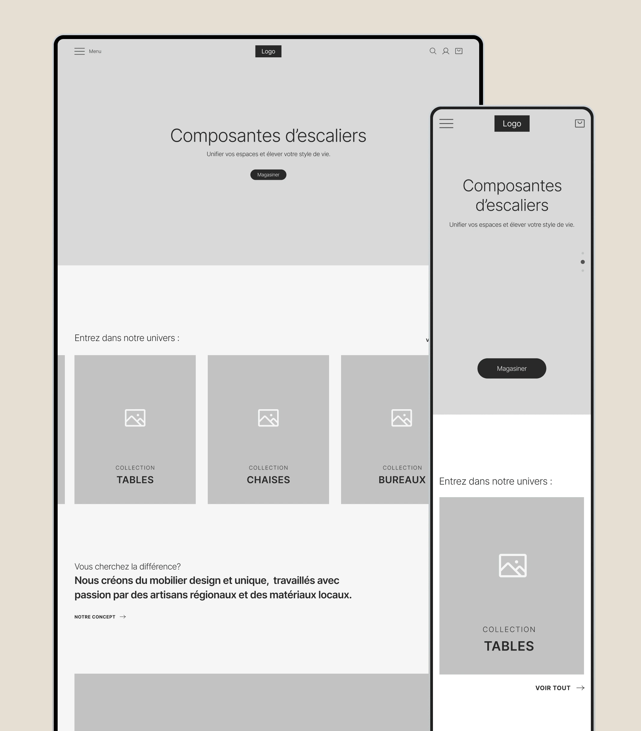 Wireframes of the landing page in desktop and mobile versions