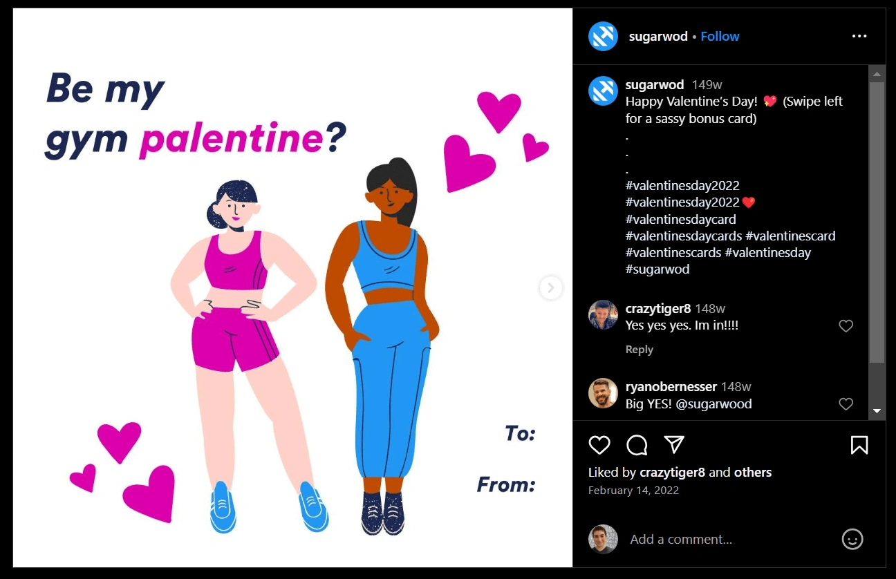 "Be my gym palentine?" graphic created for SugarWOD