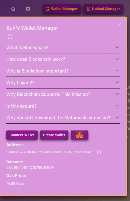 A drawer that facilitates user interaction with their current cryptocurrency wallet or facilitates the creation of a new one. Additionally, it integrates with MetaMask for enhanced security and wallet management. Although blockchain technology is not novel, it remains unfamiliar to many individuals, underscoring the significance of educational resources such as accordions and tooltips to enhance understanding.