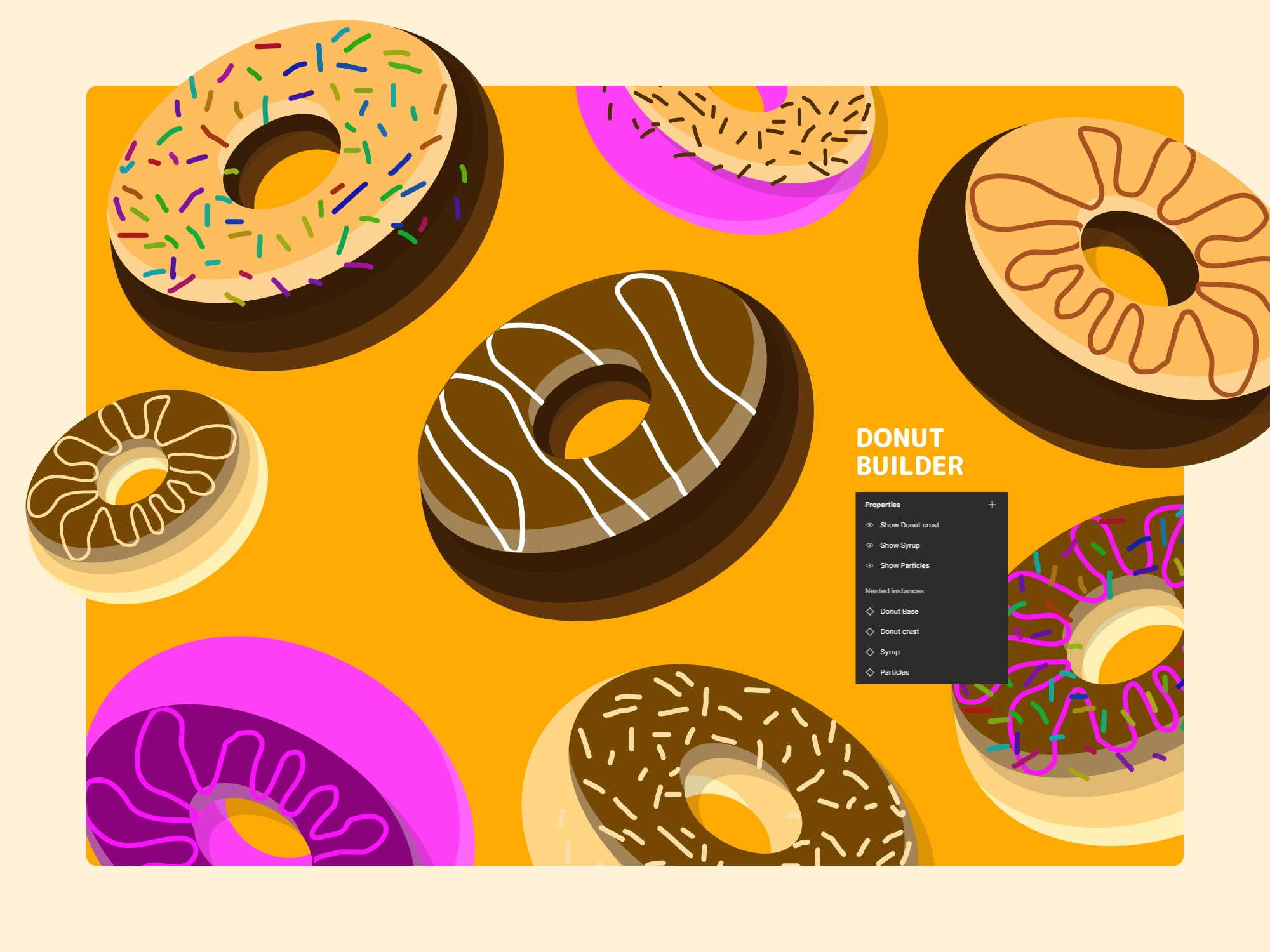 Donut Illustration system in Figma. || Build different donuts with one component.