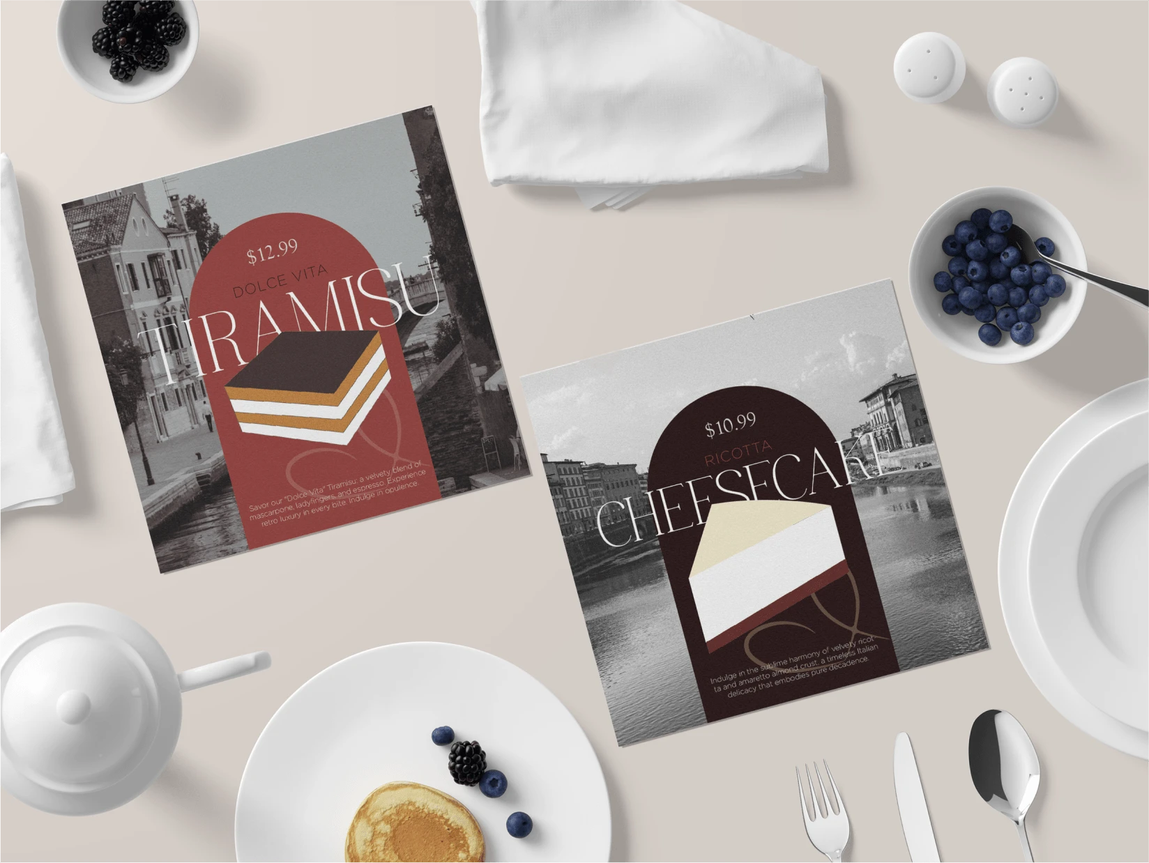 A curated menu featuring traditional dessert descriptions, hand-drawn illustrations, and elegant layouts.

