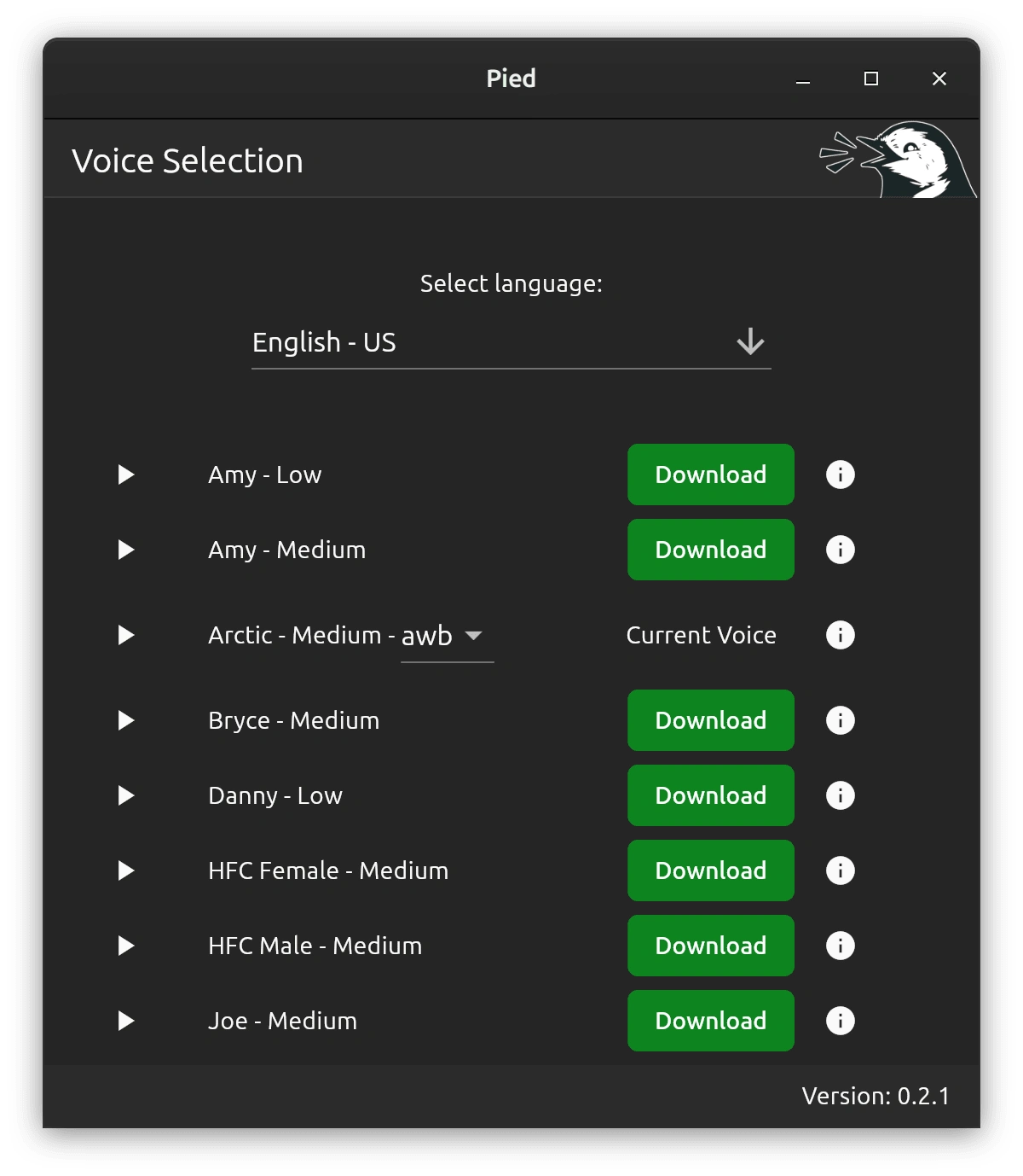 The pied voice selection screen