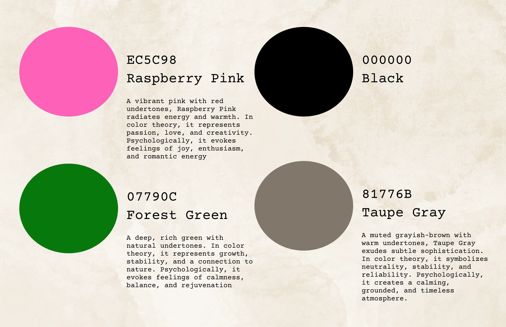 Selected a playful yet balanced color palette featuring Raspberry Pink, Forest Green, Black, and Taupe Gray to evoke energy, creativity, and calmness