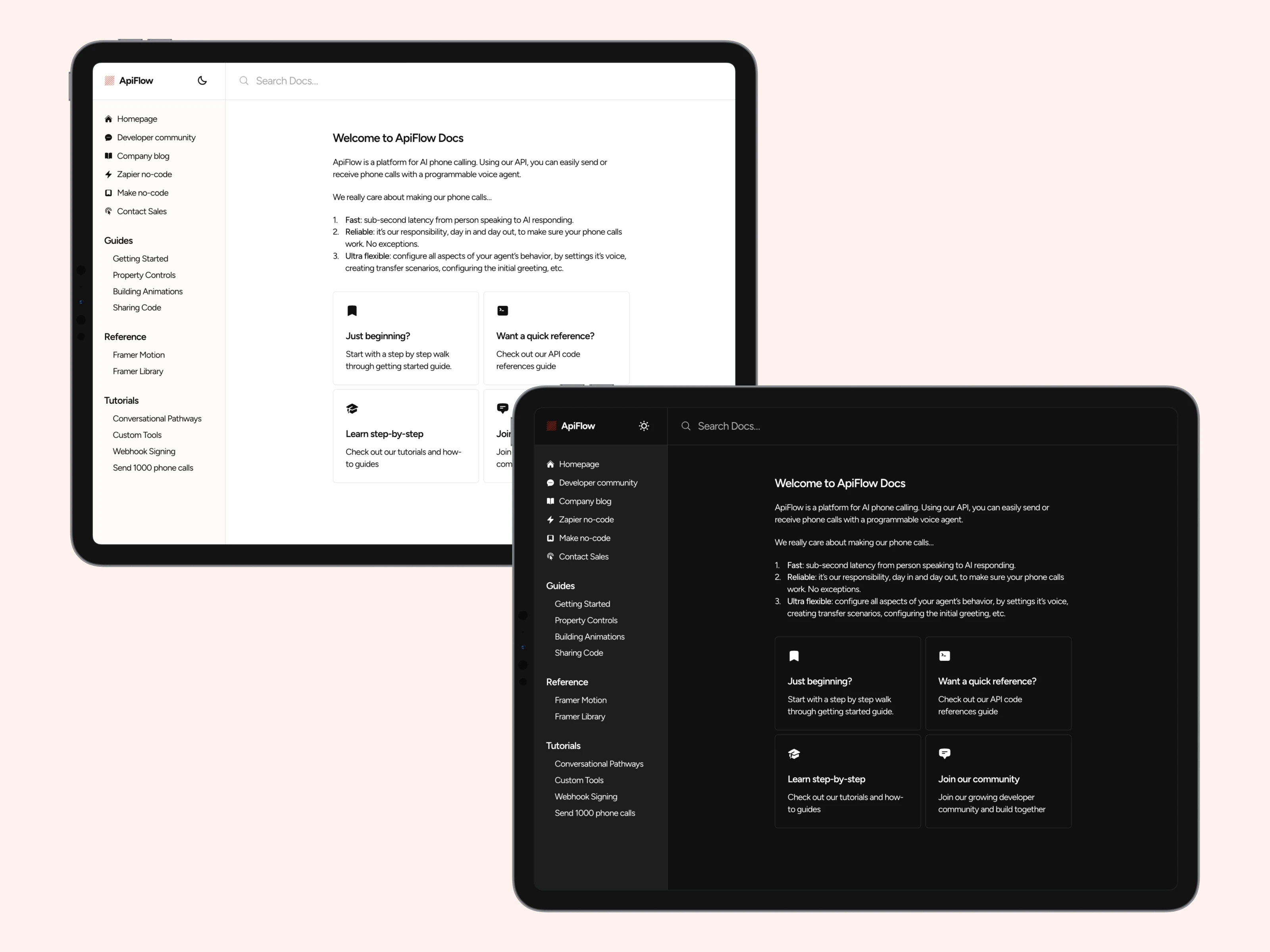 API documentation available in both light & dark modes. Docs are powered by CMS.