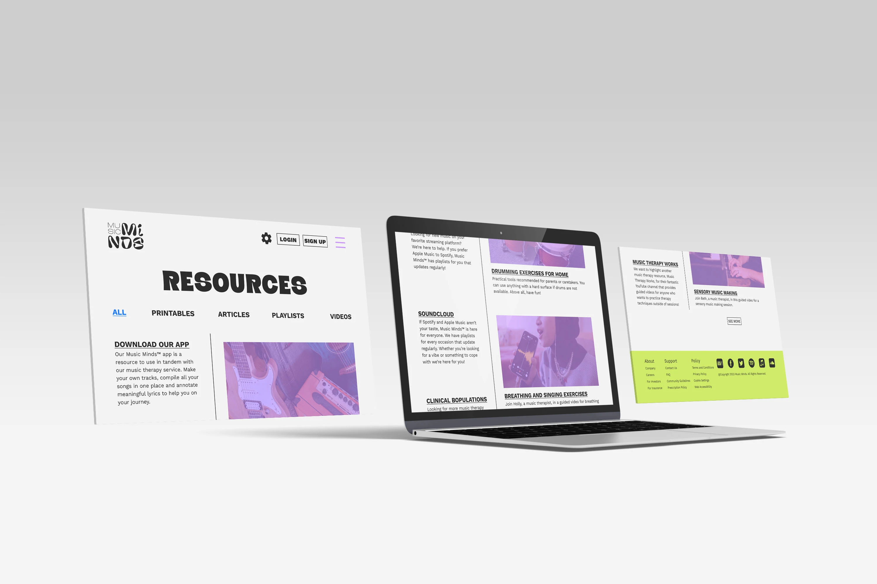 Music Minds website resources page mockup