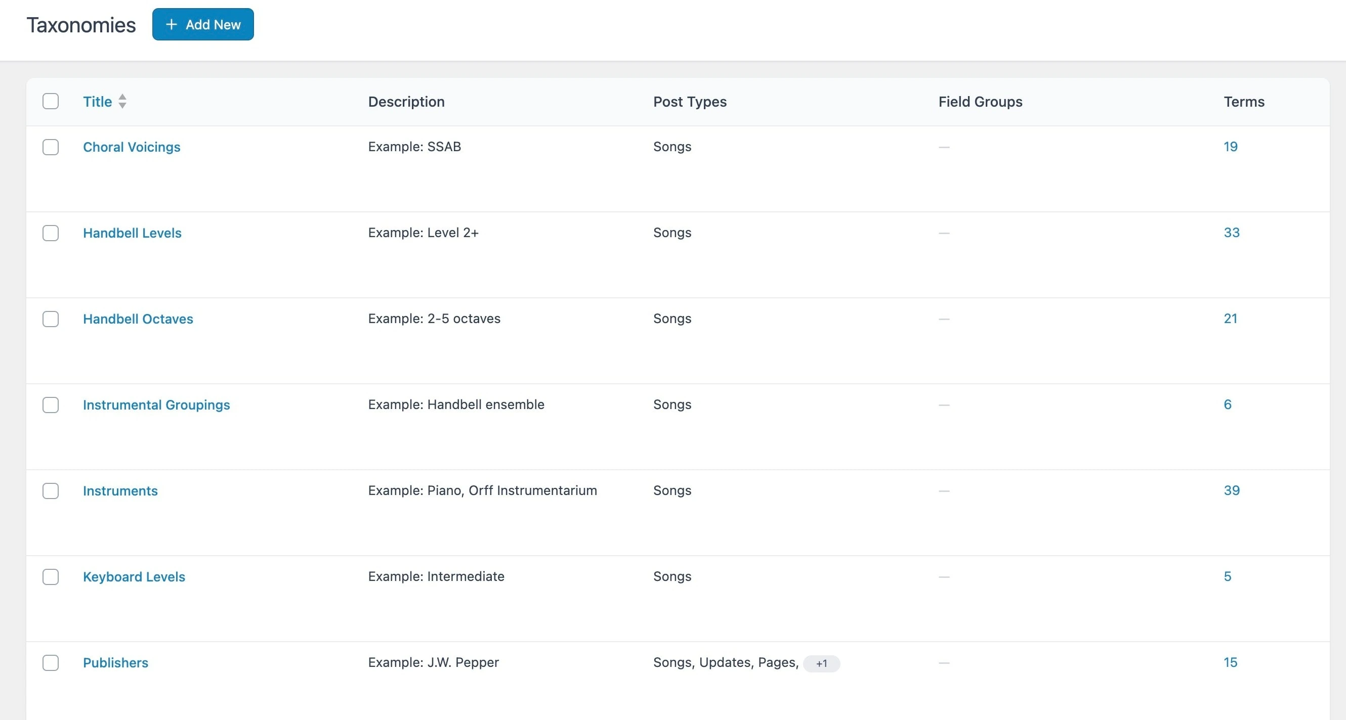 Taxonomies in Advanced Custom Fields. These make up the unique facets of each song. Set up this way, the website's visitors can filter and search the terms.