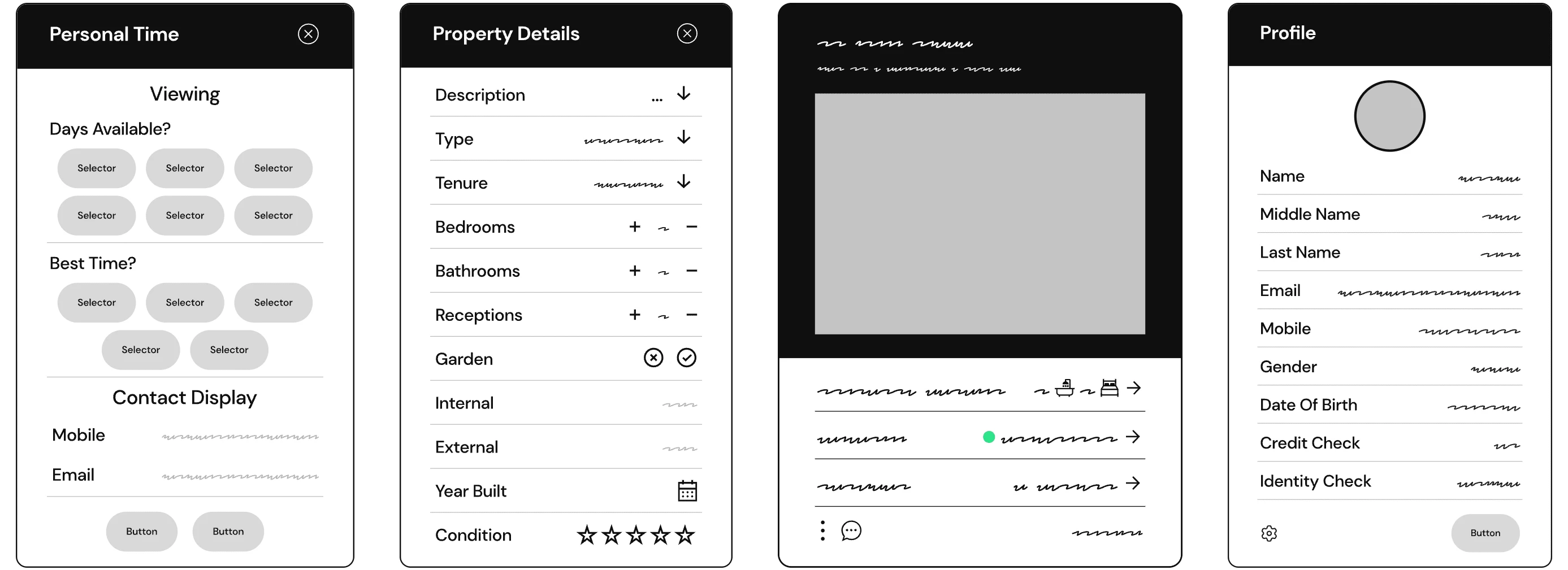 PropertyCard, Property Details, Personal Time, and Profile Cards