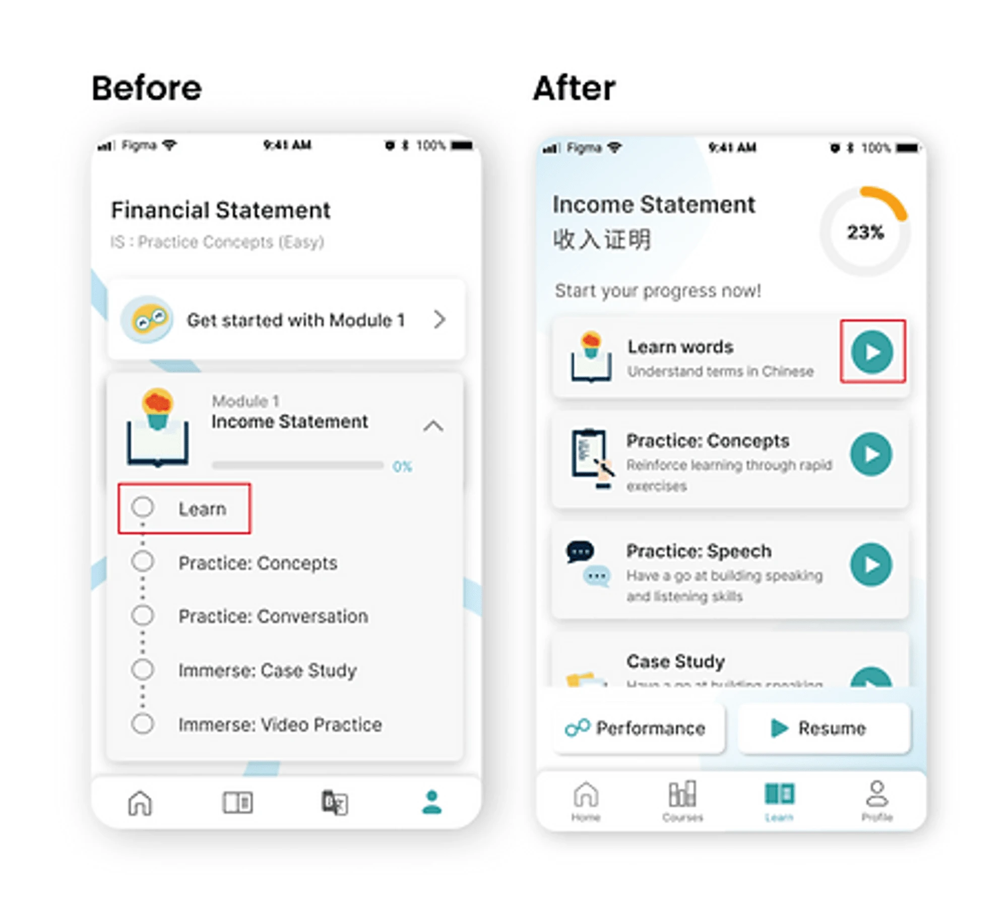 Learn page before and after