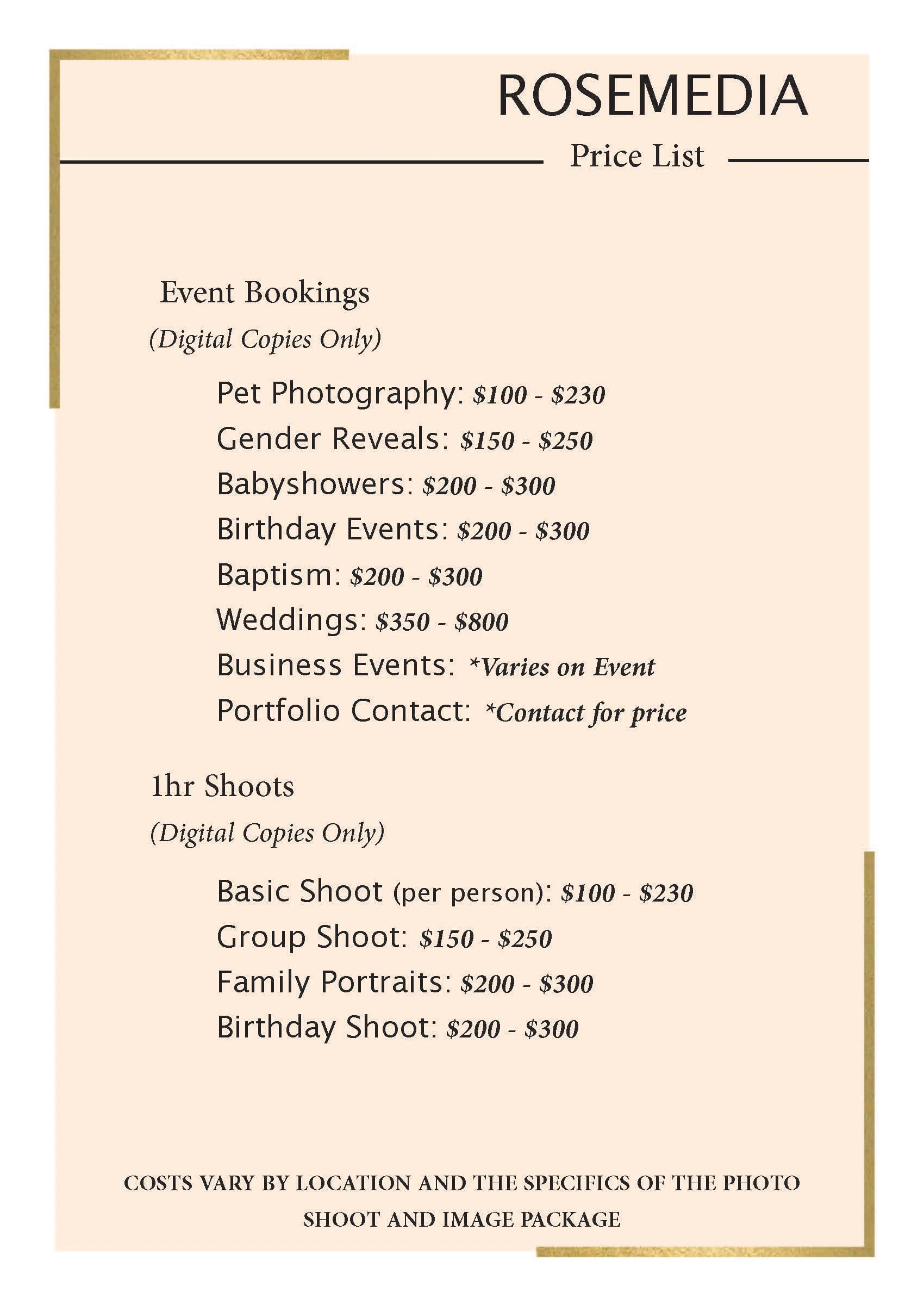 Price List for a Photographer 