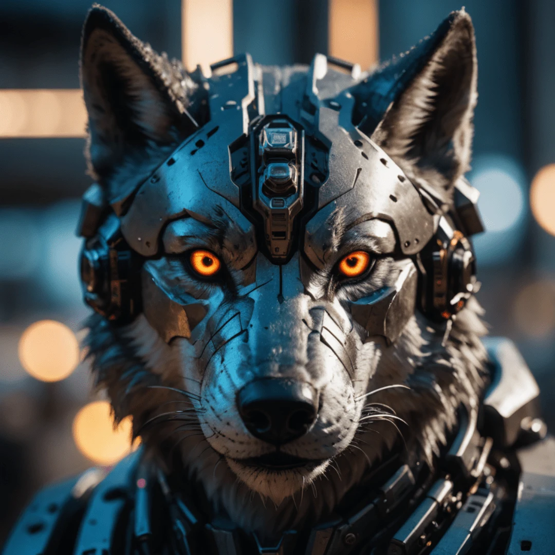 An intricate cyberpunk robotic wolf