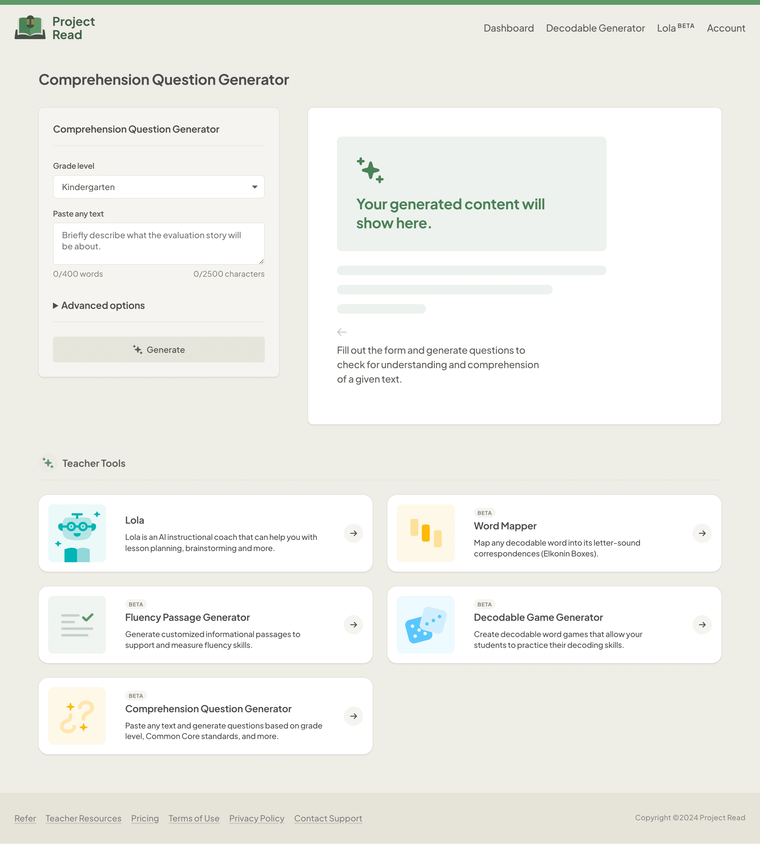 Comprehension question generator on initial load.