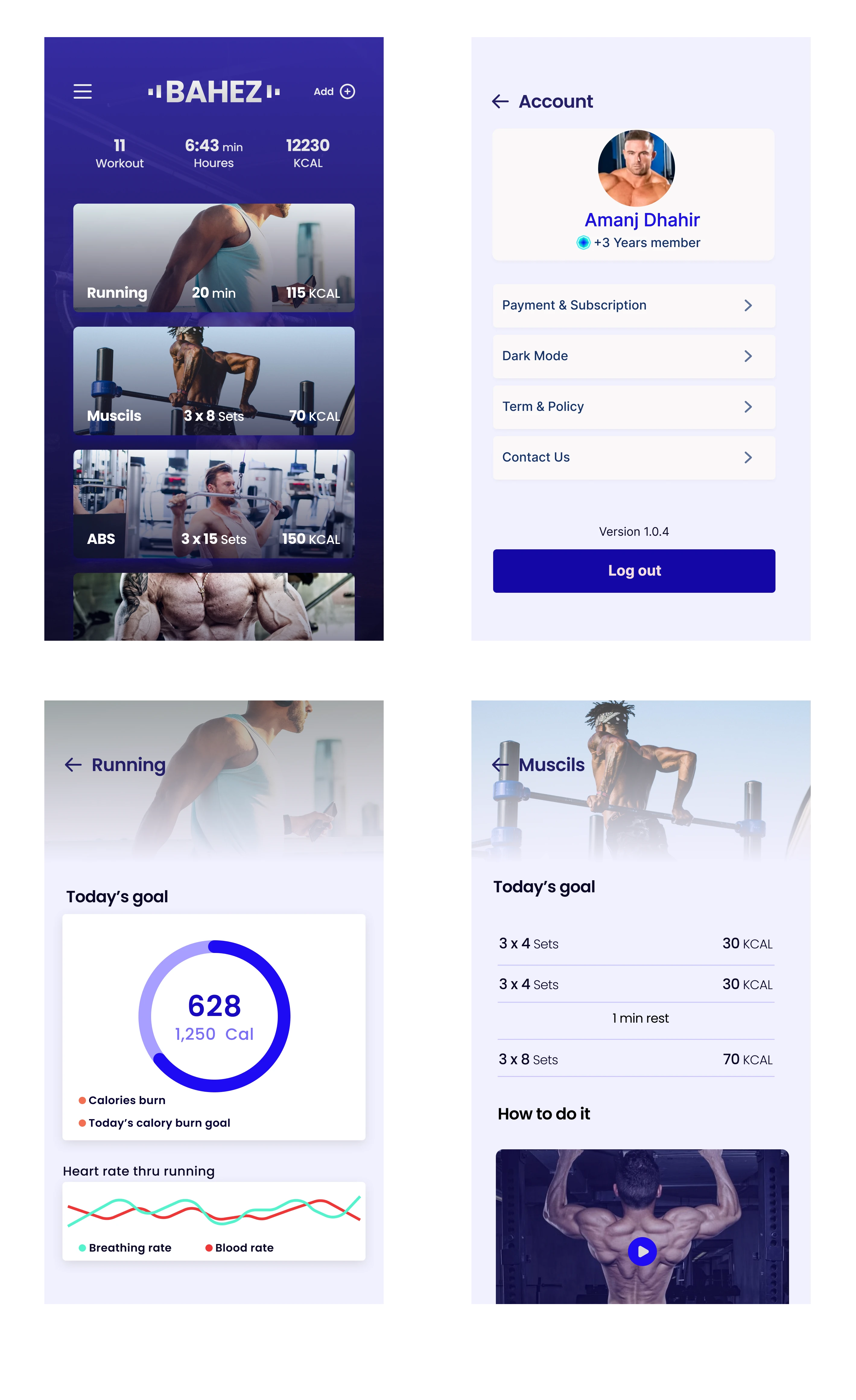 Home, account, running and muscle screen