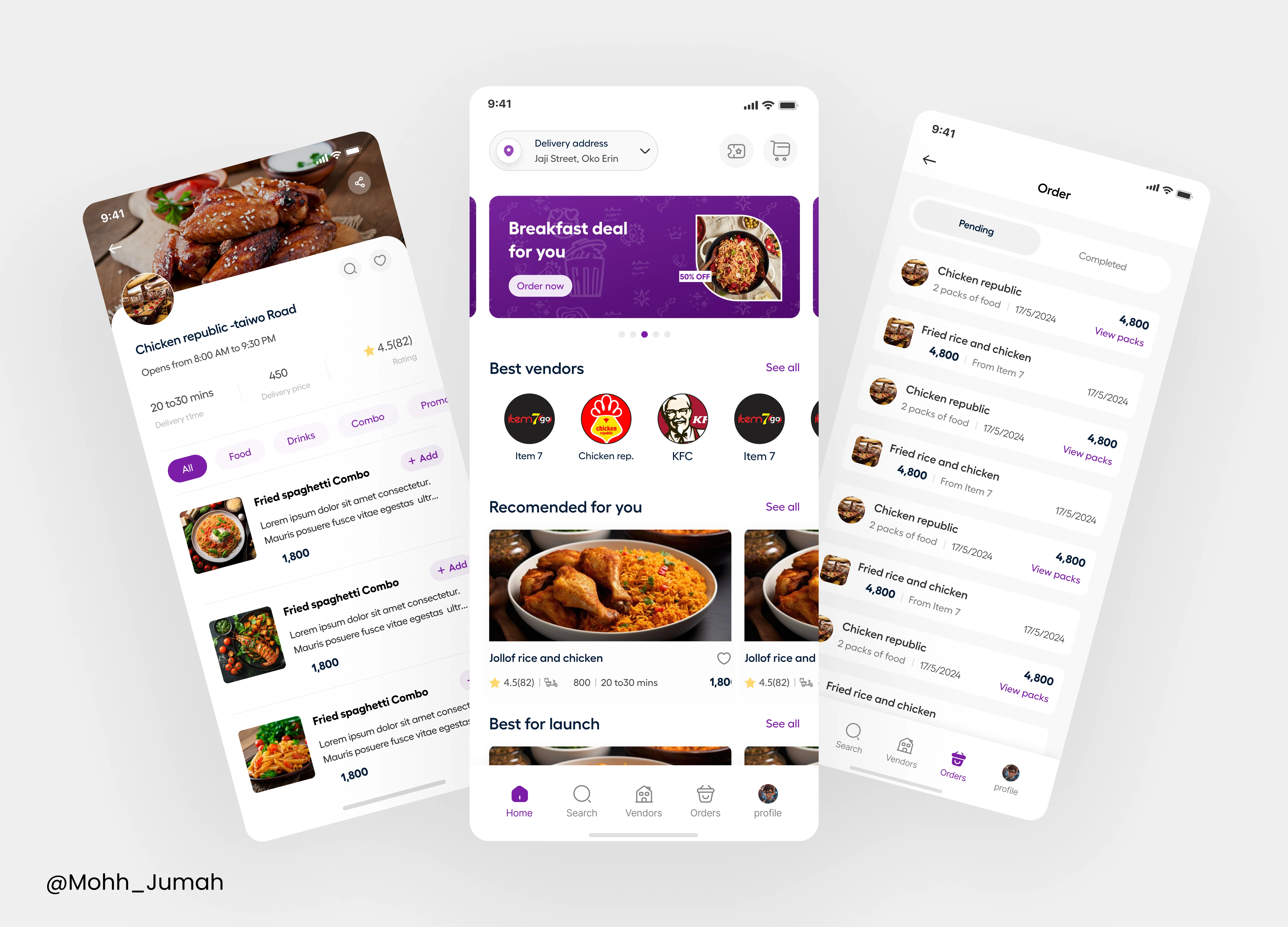 Home page, Restaurant page, and orders 