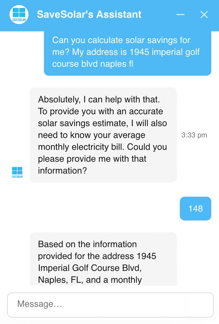 Agent inquiring about lead's information to perform solar installation cost analysis and estimate