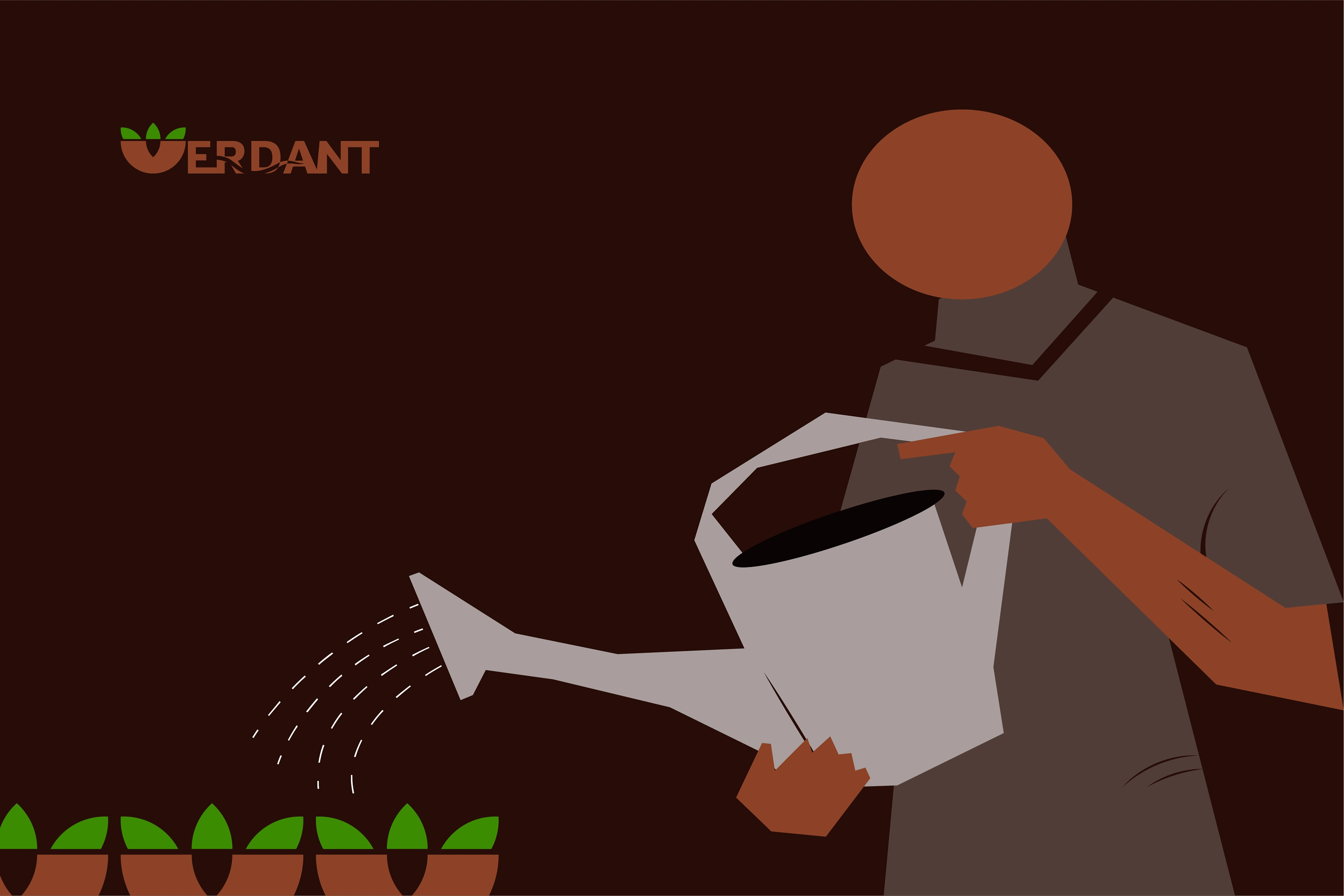 A mud brown illustration of a person watering plants (the logo mark)