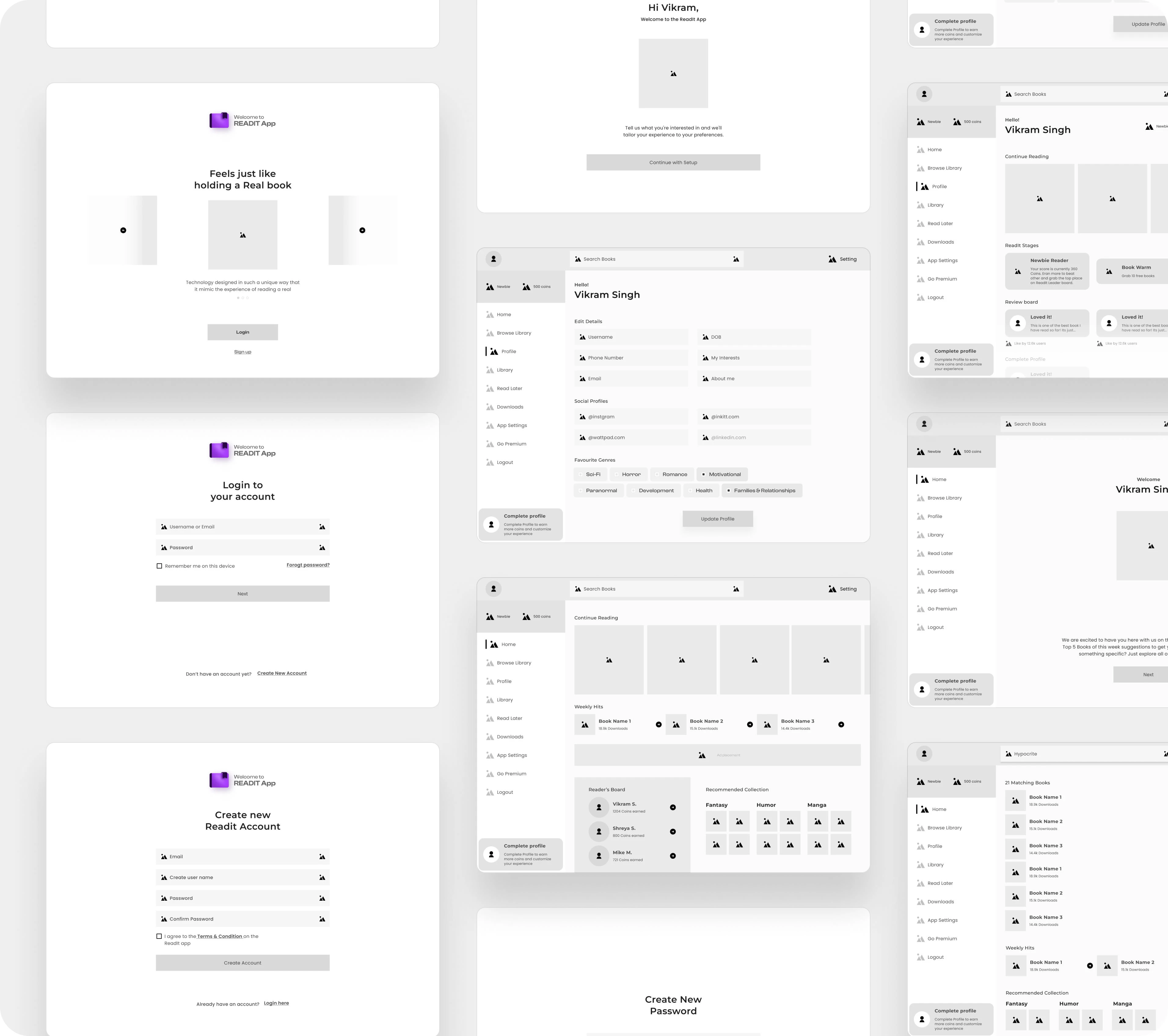 Image showcasing new Low-fed Wireframes designed for the ReadIt App