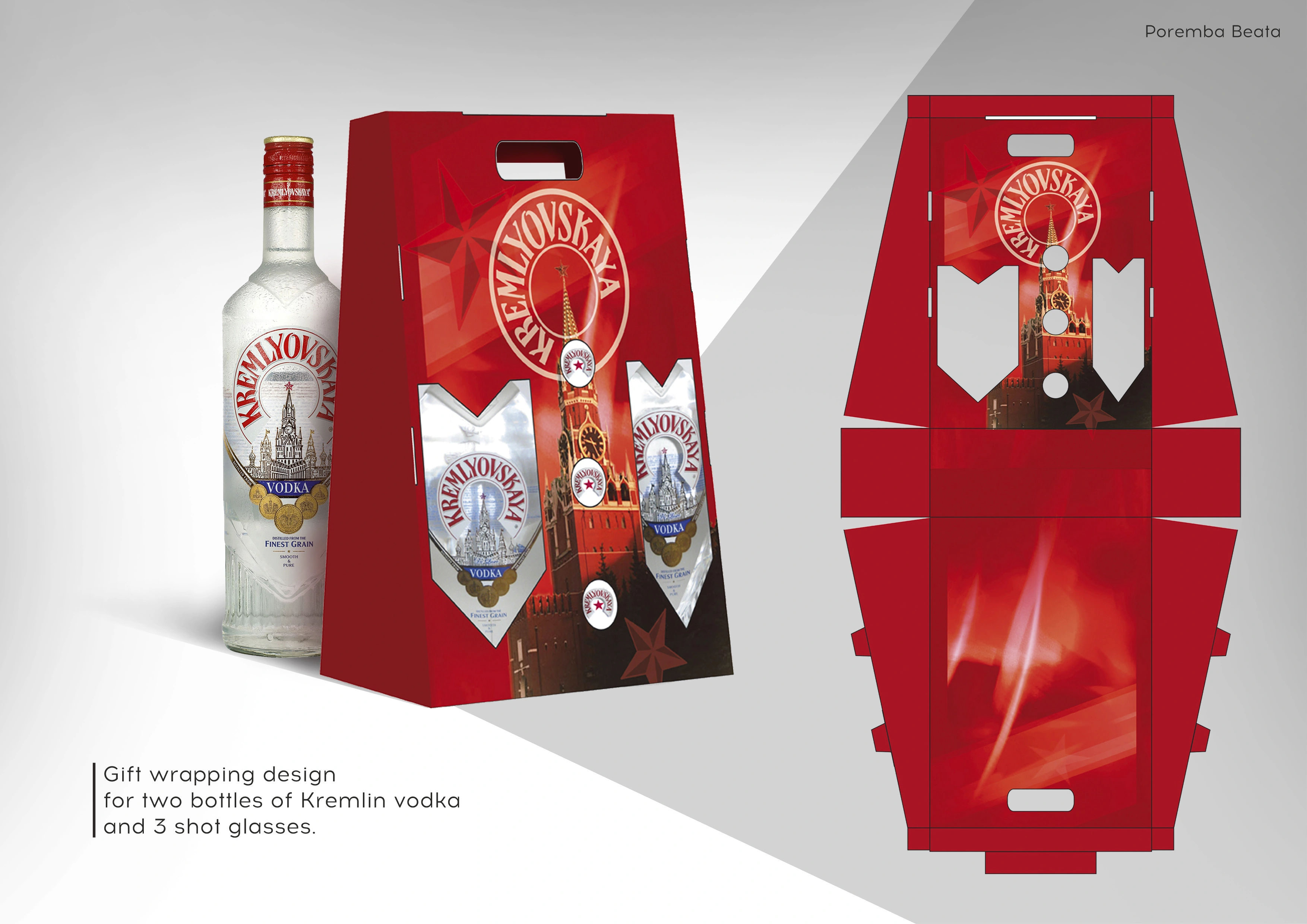 Gift wrapping design for two bottles of Kremlin vodka and 3 shot glasses