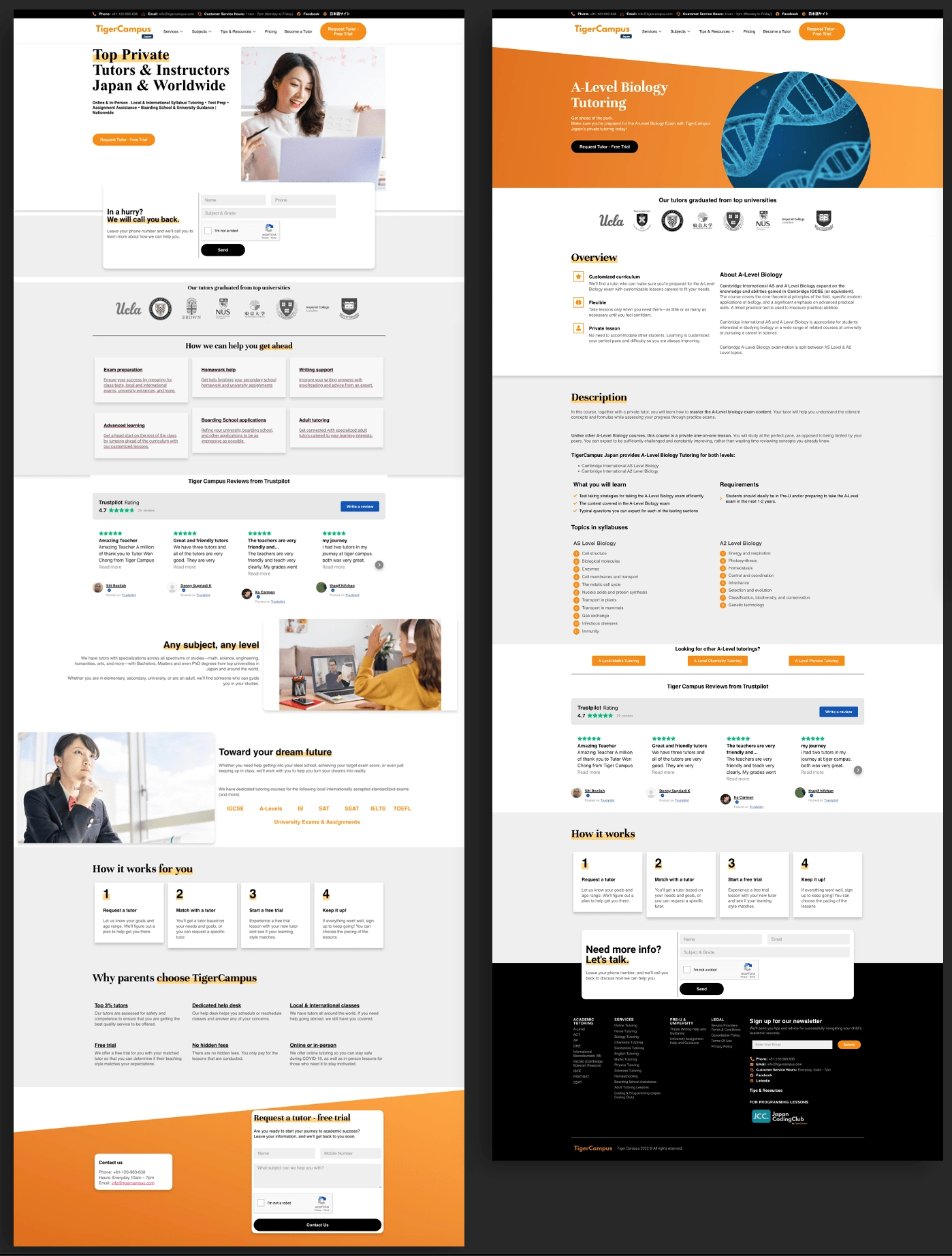 Homepage and a course page for A-Level Tutoring.
Note: Images were taken months after handover, so some elements have been altered from the original design (primarily padding). 