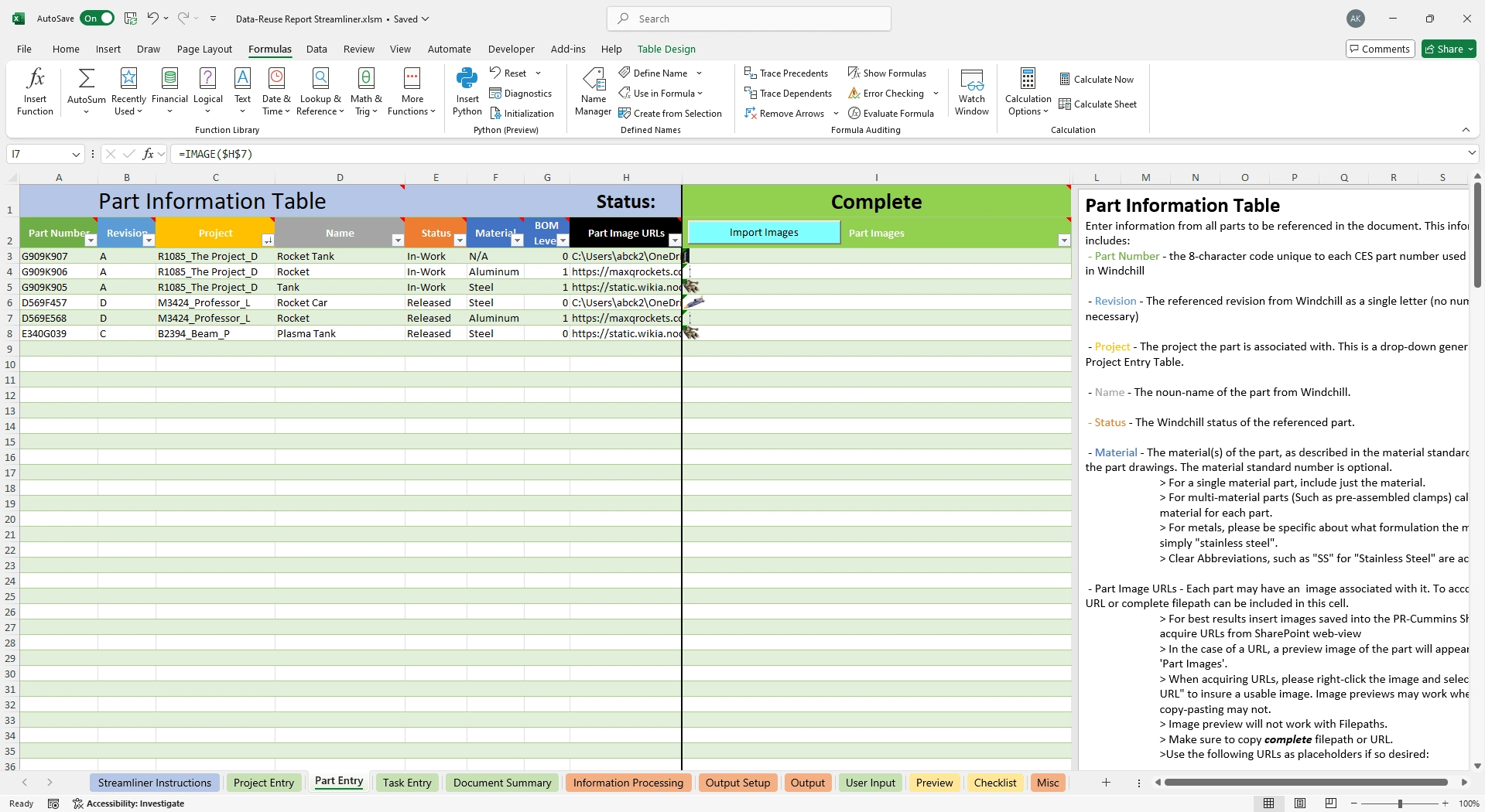 Part Data Entry Sheet.