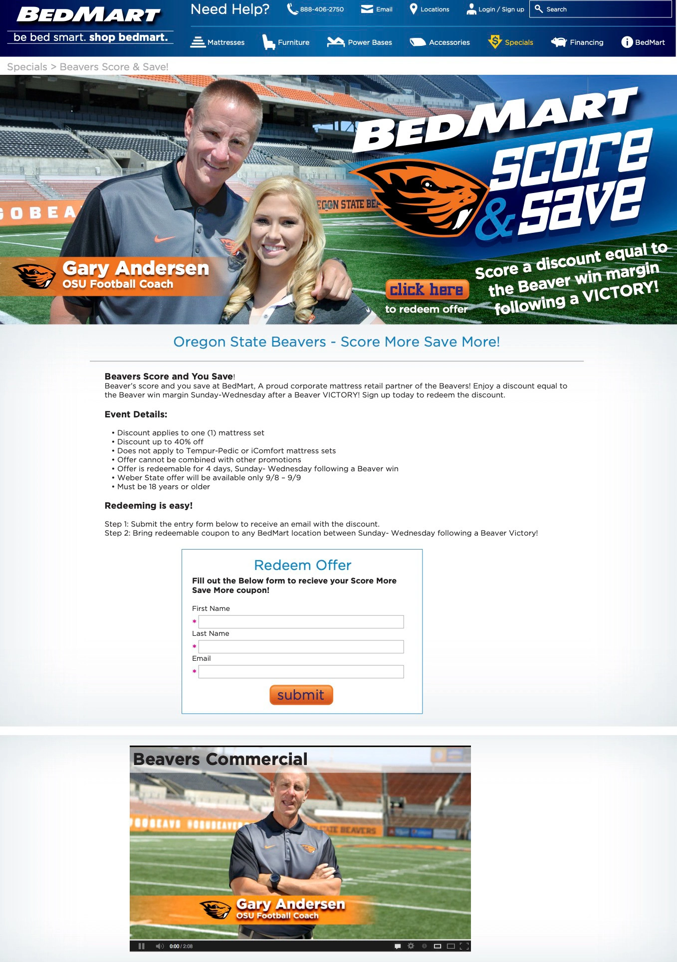 This is the Website Landing page for the BedMart Beavers "Score & Save" campaign