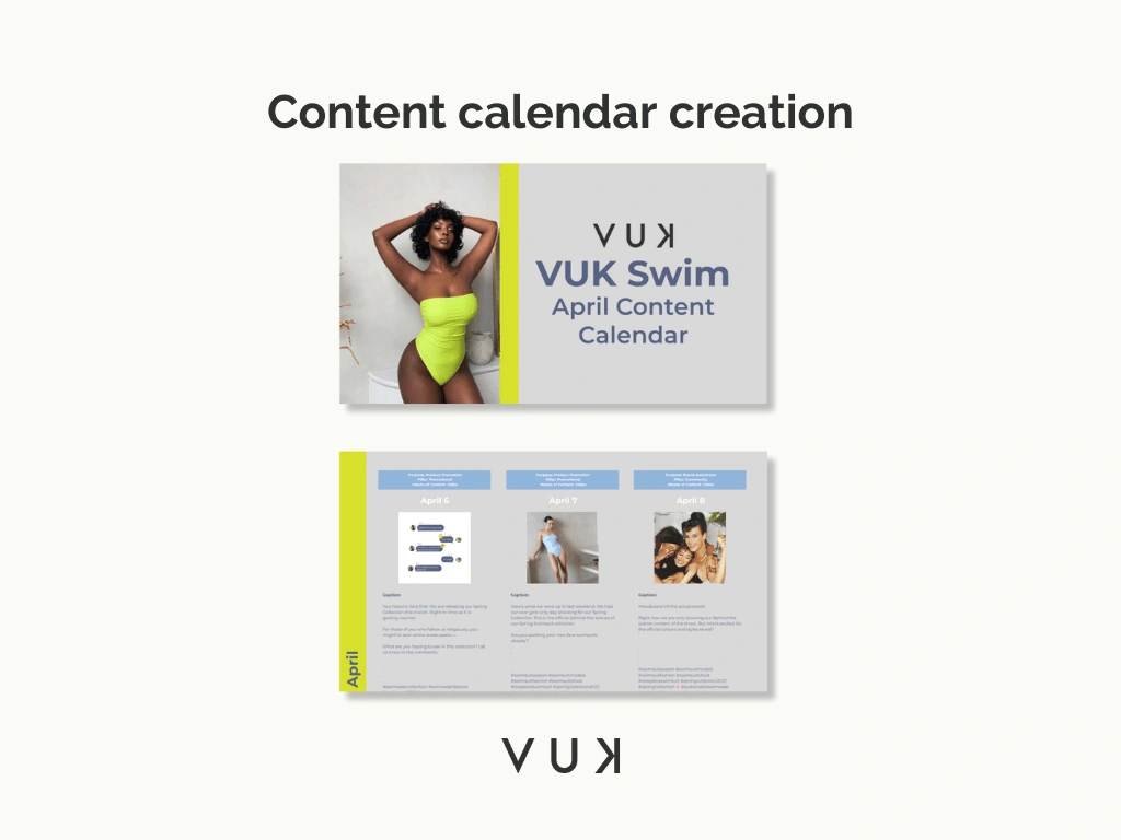 I would create monthly content calendars with all the assets delivered on Google drive.