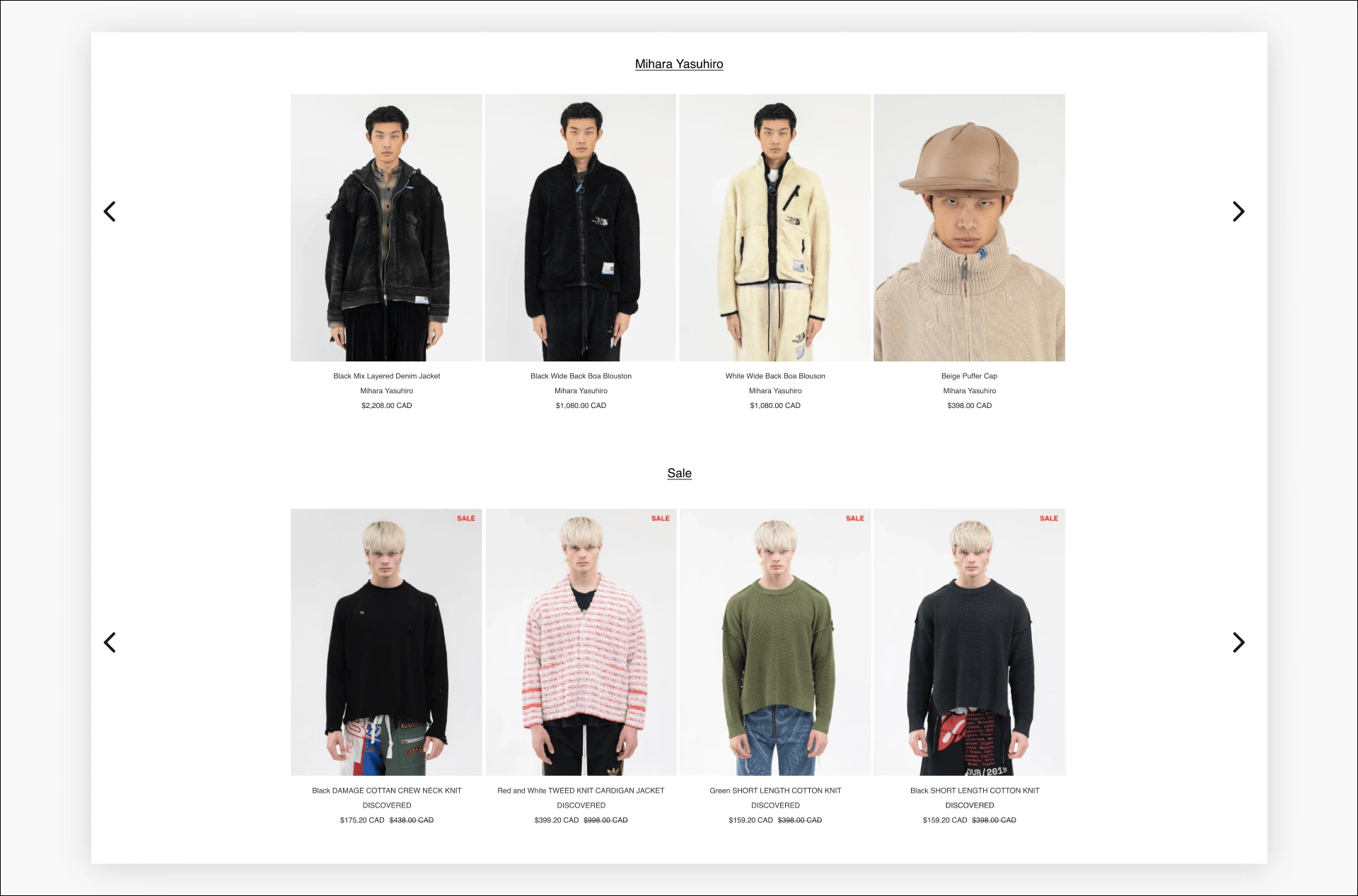 Homepage clothes carousel design