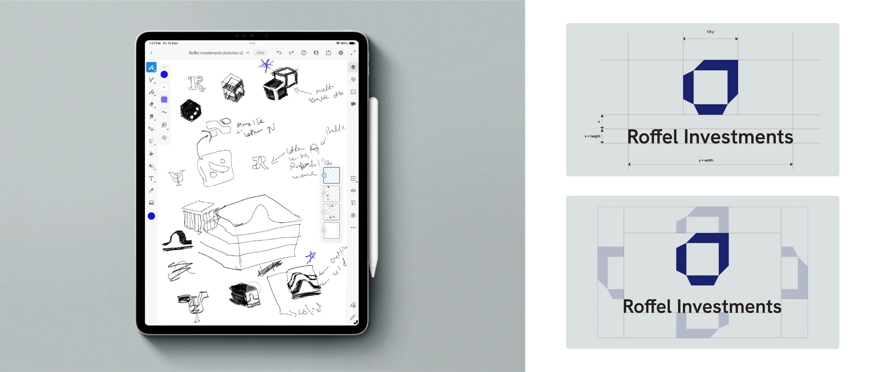 Left: Logo Sketches, Top-Right: Logo Proportions, Bottom-Right: Logo Clear Space