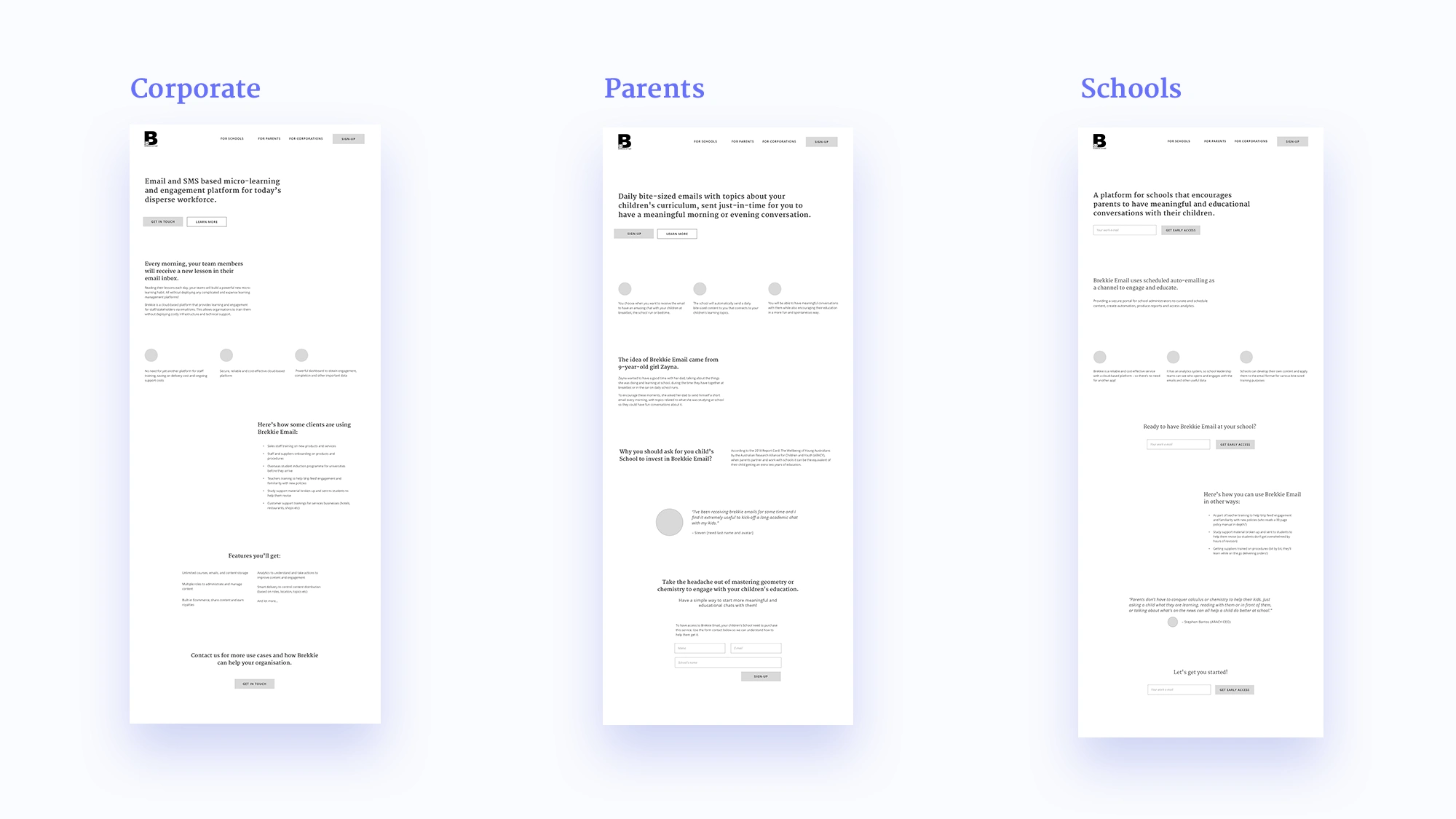 Hi-fi wireframes showing the previous structure with real content 