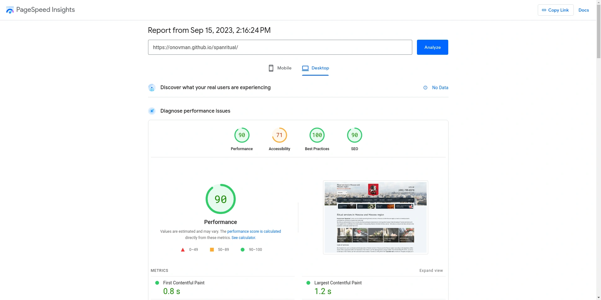 Google PageSpeed Insights Results.