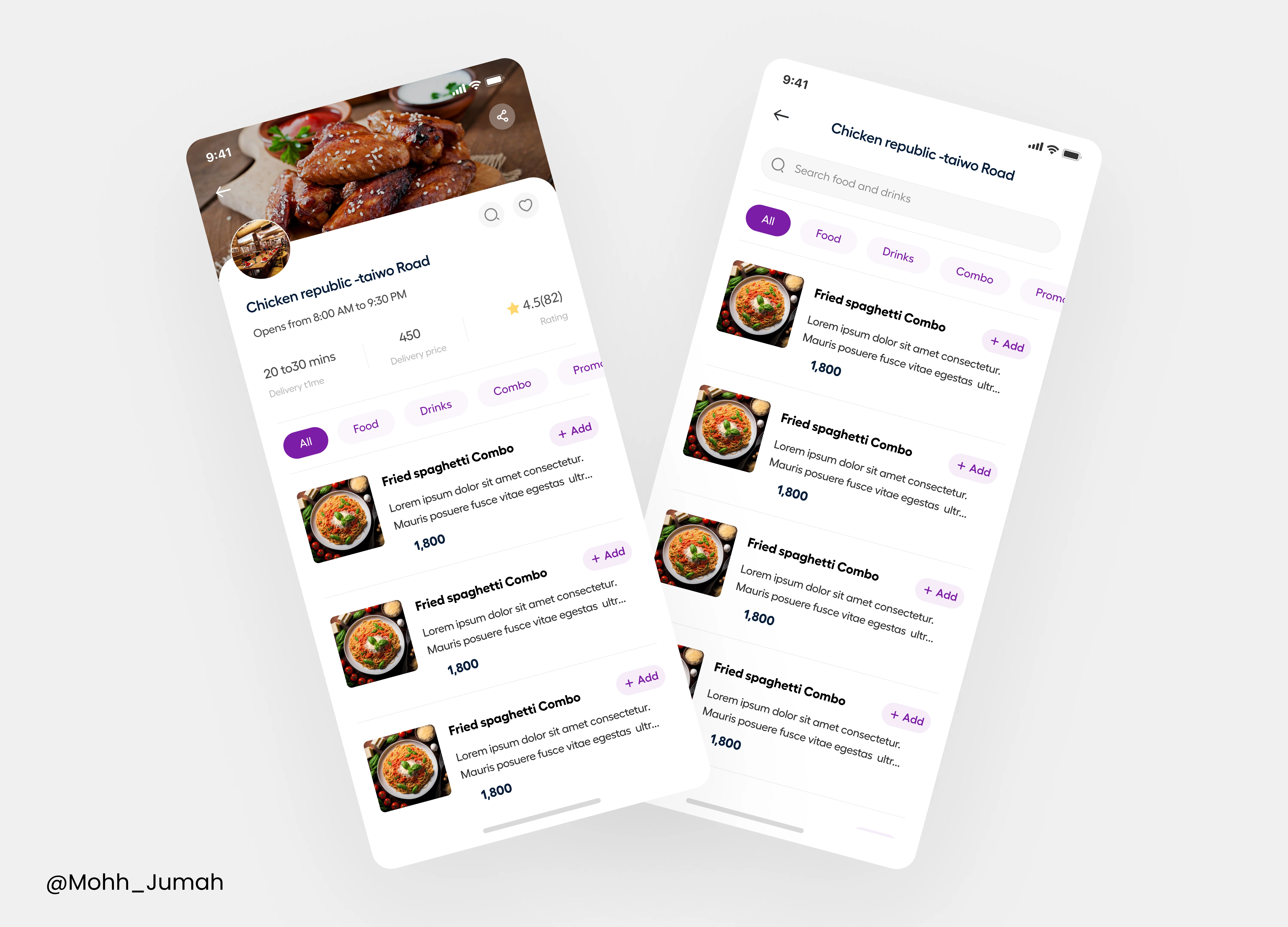 Restaurant page, search food page