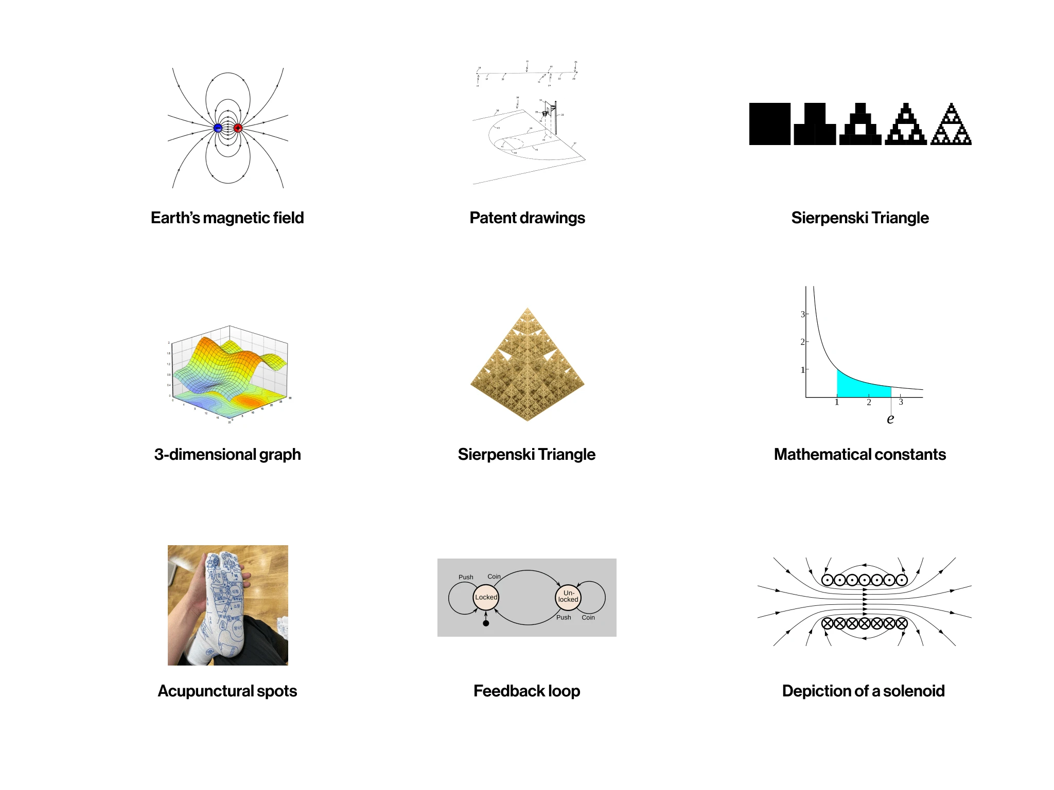 Early moodboarding and conceptualization focused on scientific schemata, technical drawings, and mathematical allusions