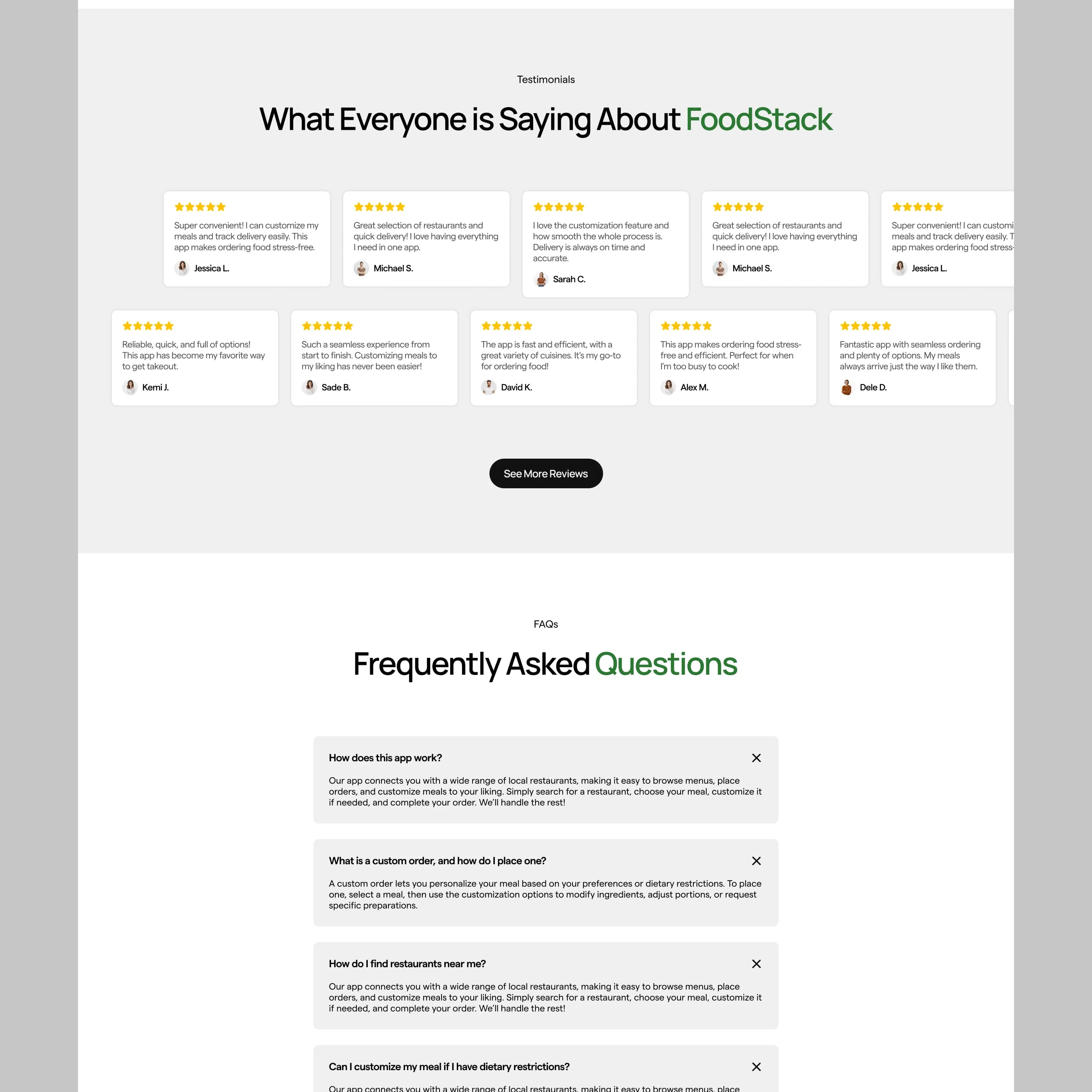 Testimonials & FAQs sections