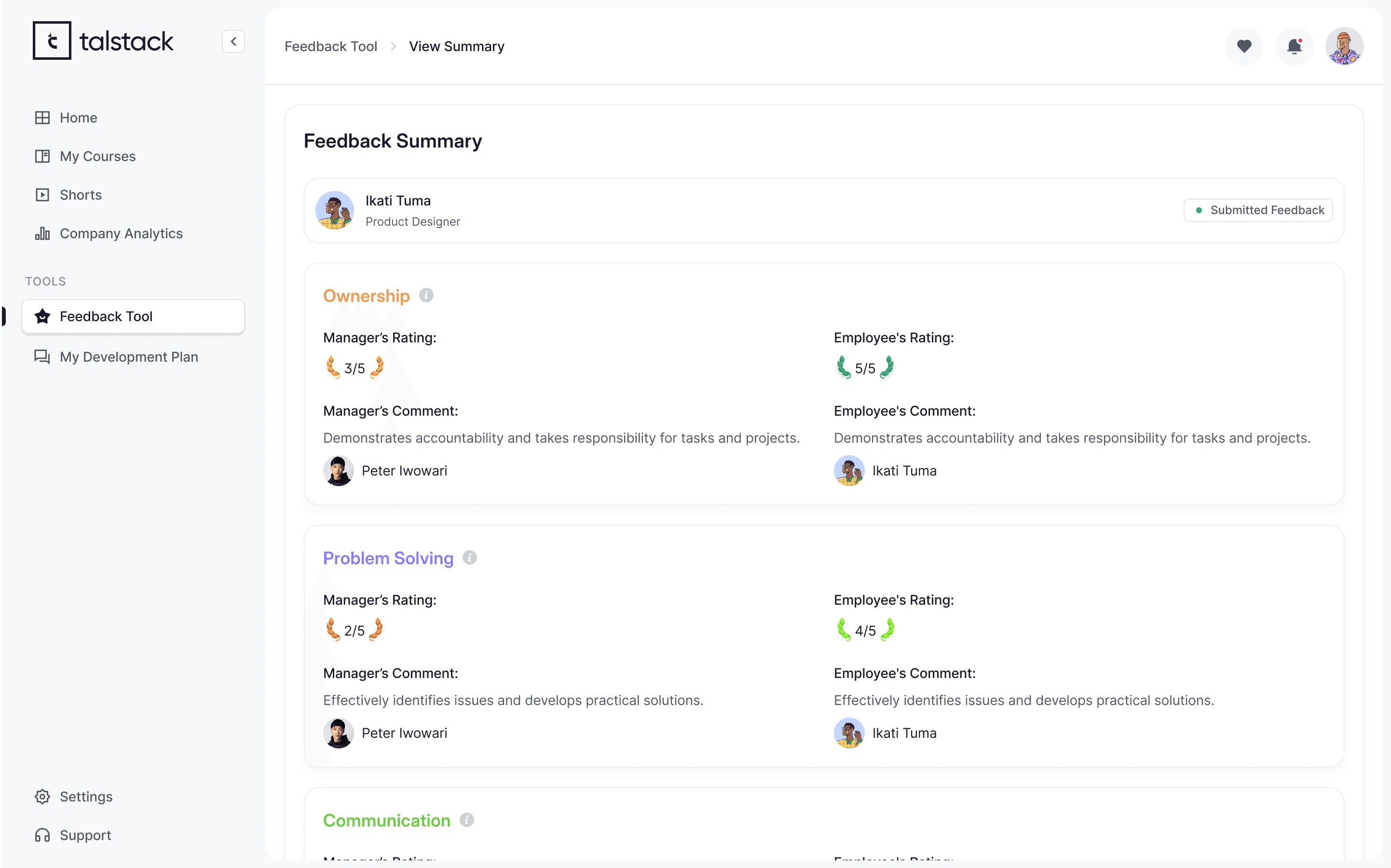Page showcasing a feedback summary of the employee's and manager’s ratings and comments side by side.
