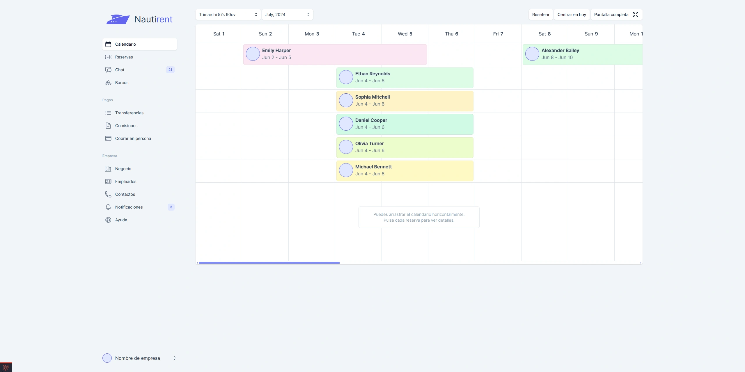 Scrollable bookings calendar.