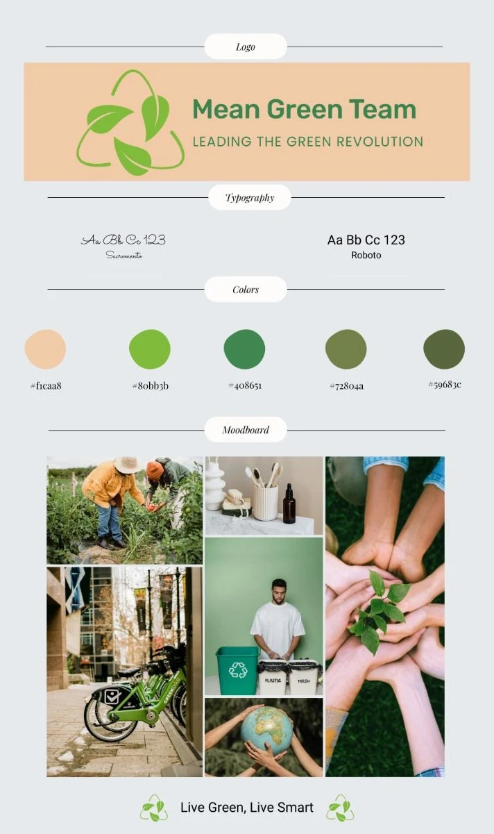 "Eco-conscious branding for 'Mean Green Team,' combining nature-inspired colors, modern typography, and sustainable living imagery to promote a greener lifestyle."