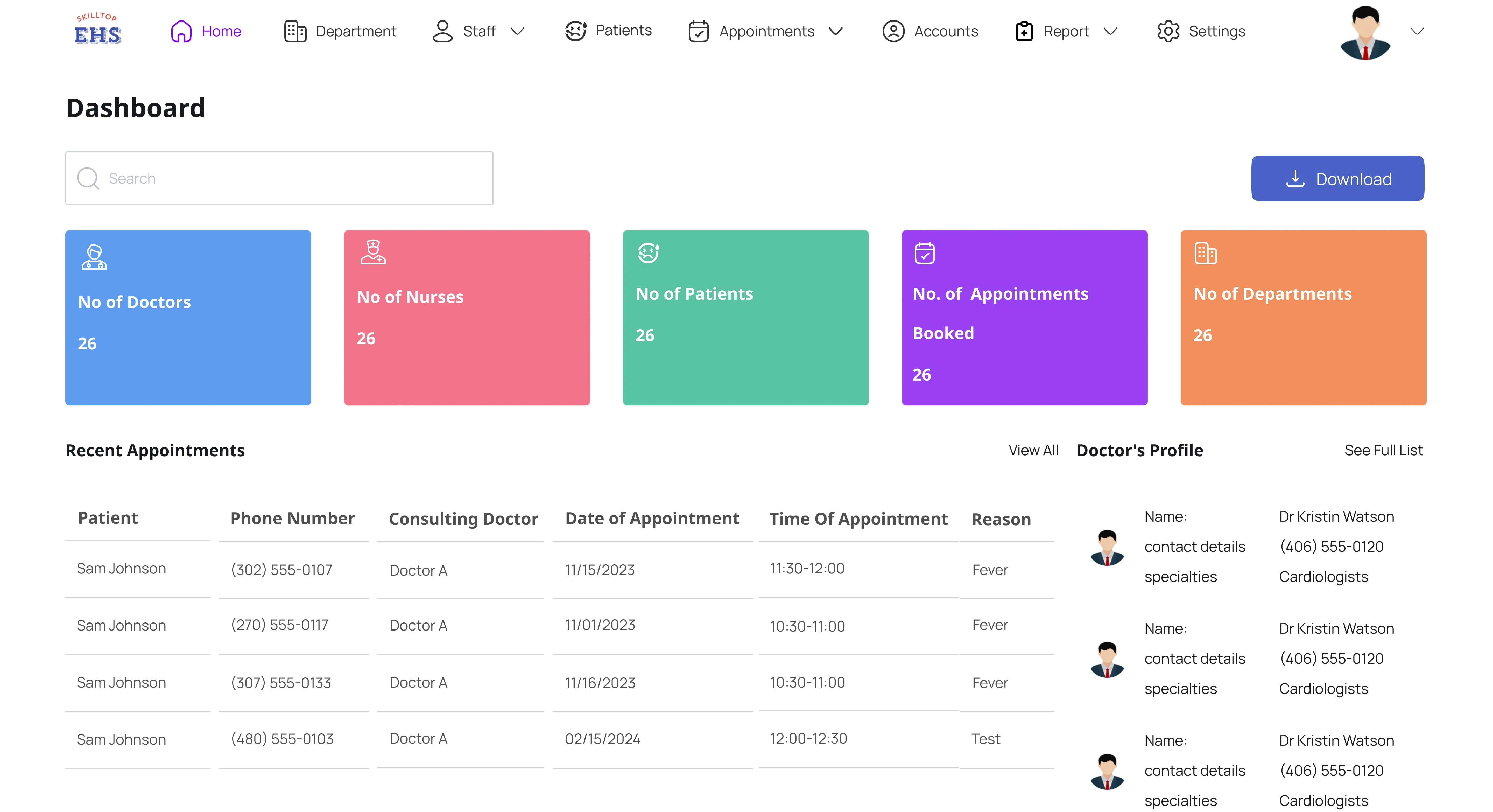 Home – The main dashboard that provides an overview of key metrics like the number of doctors, nurses, patients, and appointments. It also displays recent appointments and doctor profiles.