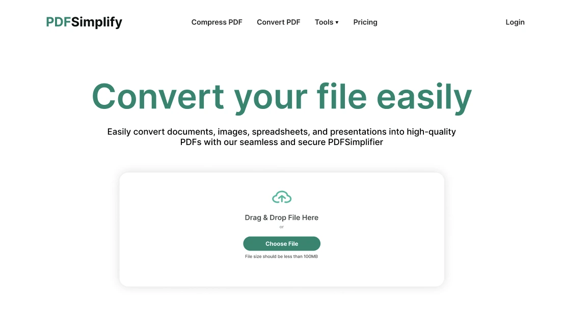 Drag and drop your documents, images, spreadsheets, or presentations to instantly convert them into high-quality PDFs. PDFSimplify ensures a seamless and secure conversion experience with just one click. Try it now!
